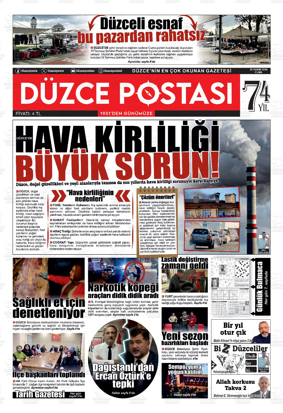 22 Kasım 2024 Düzce Postası Gazete Manşeti