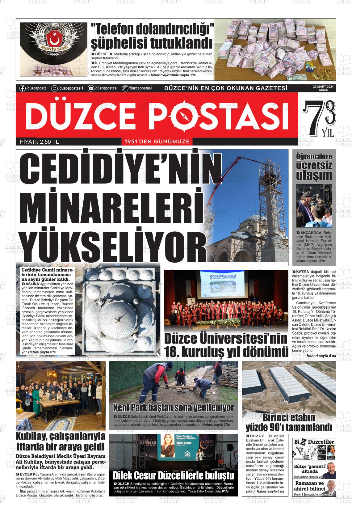 22 Mart 2024 Düzce Postası Gazete Manşeti