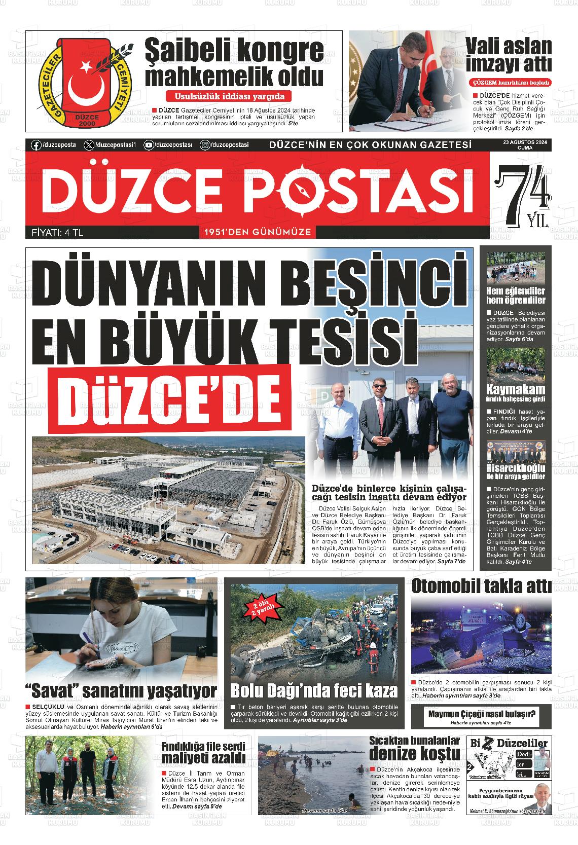 23 Ağustos 2024 Düzce Postası Gazete Manşeti