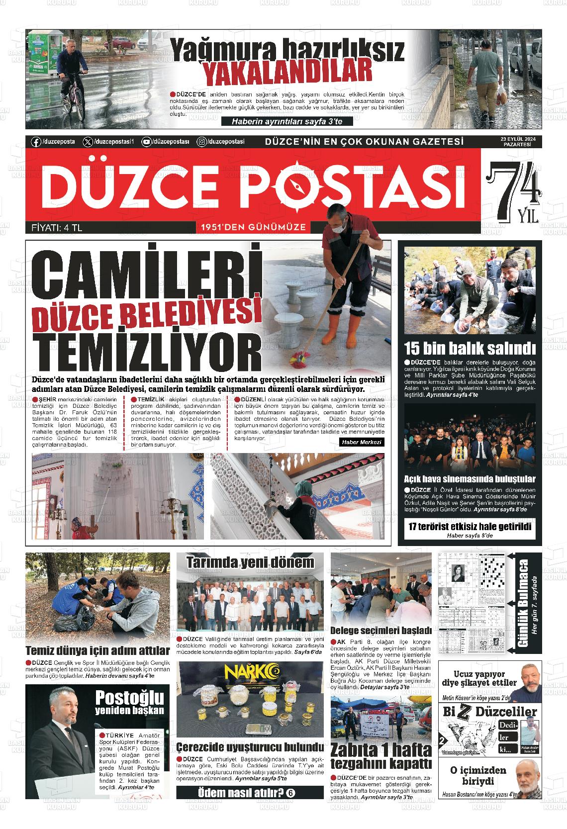 23 Eylül 2024 Düzce Postası Gazete Manşeti