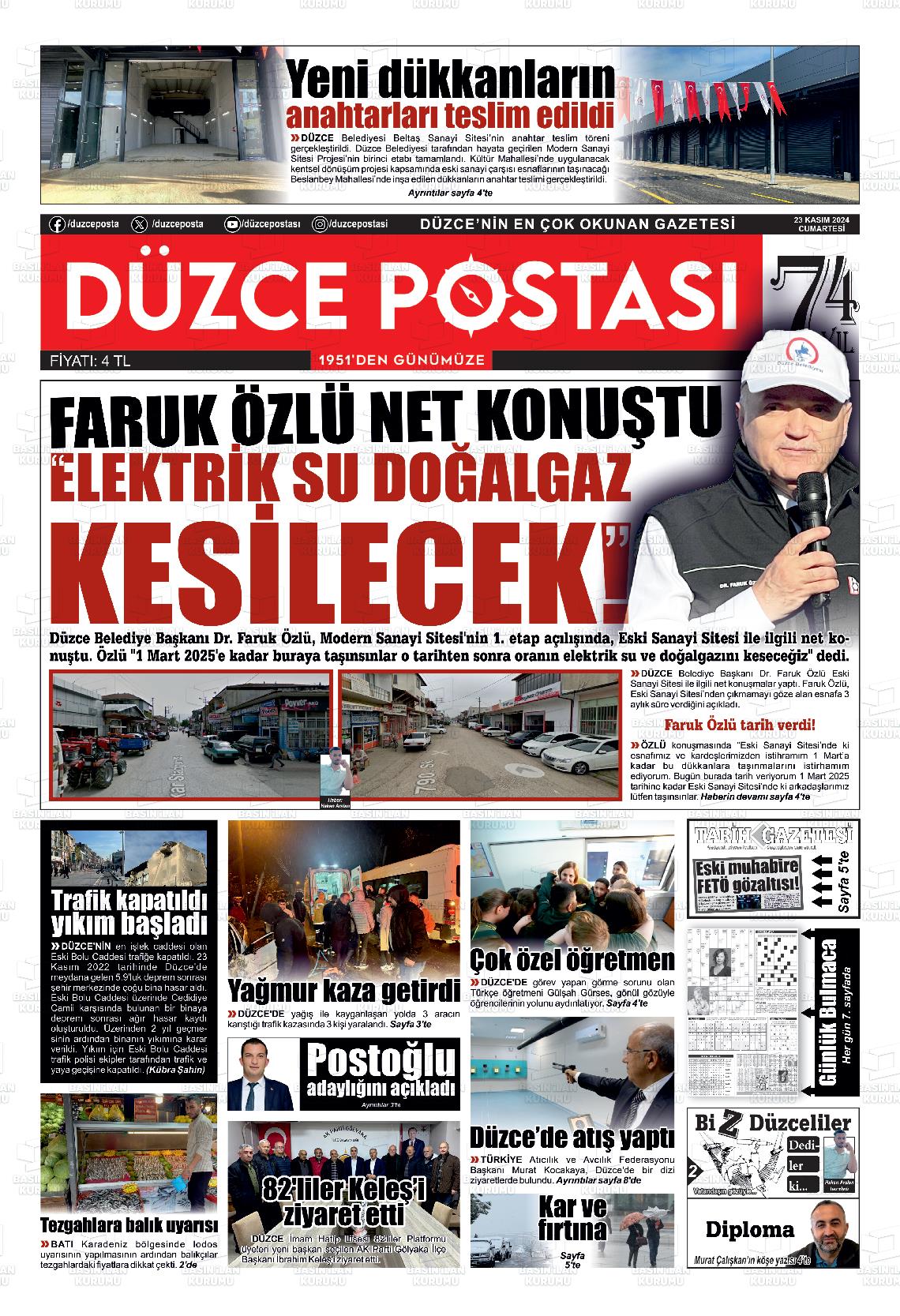 23 Kasım 2024 Düzce Postası Gazete Manşeti