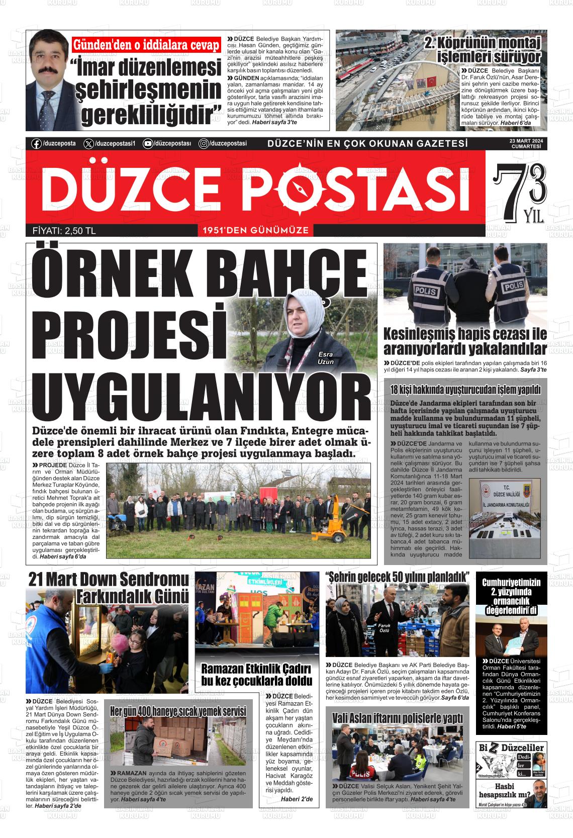 23 Mart 2024 Düzce Postası Gazete Manşeti