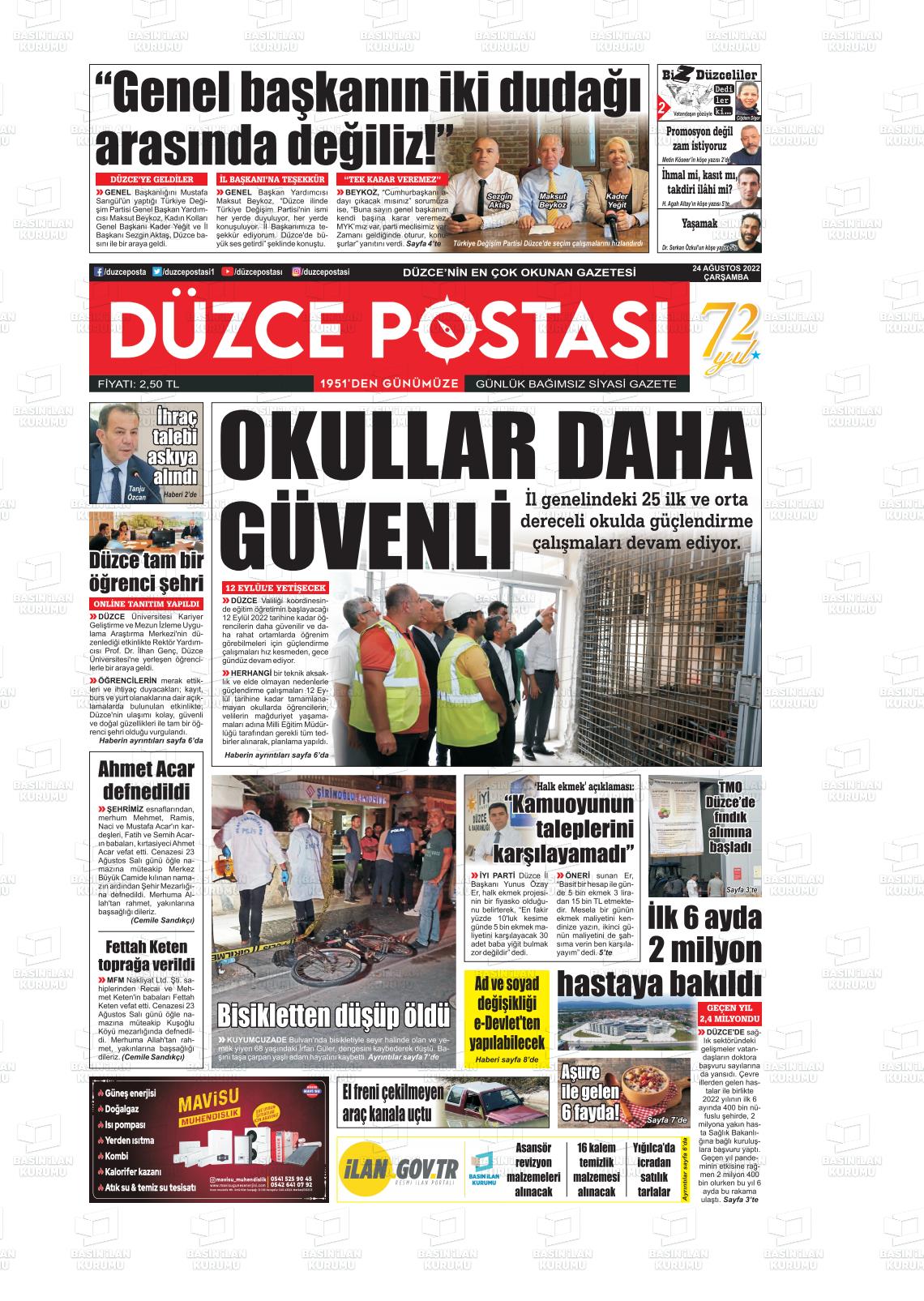 22 Ekim 2022 Düzce Postası Gazete Manşeti