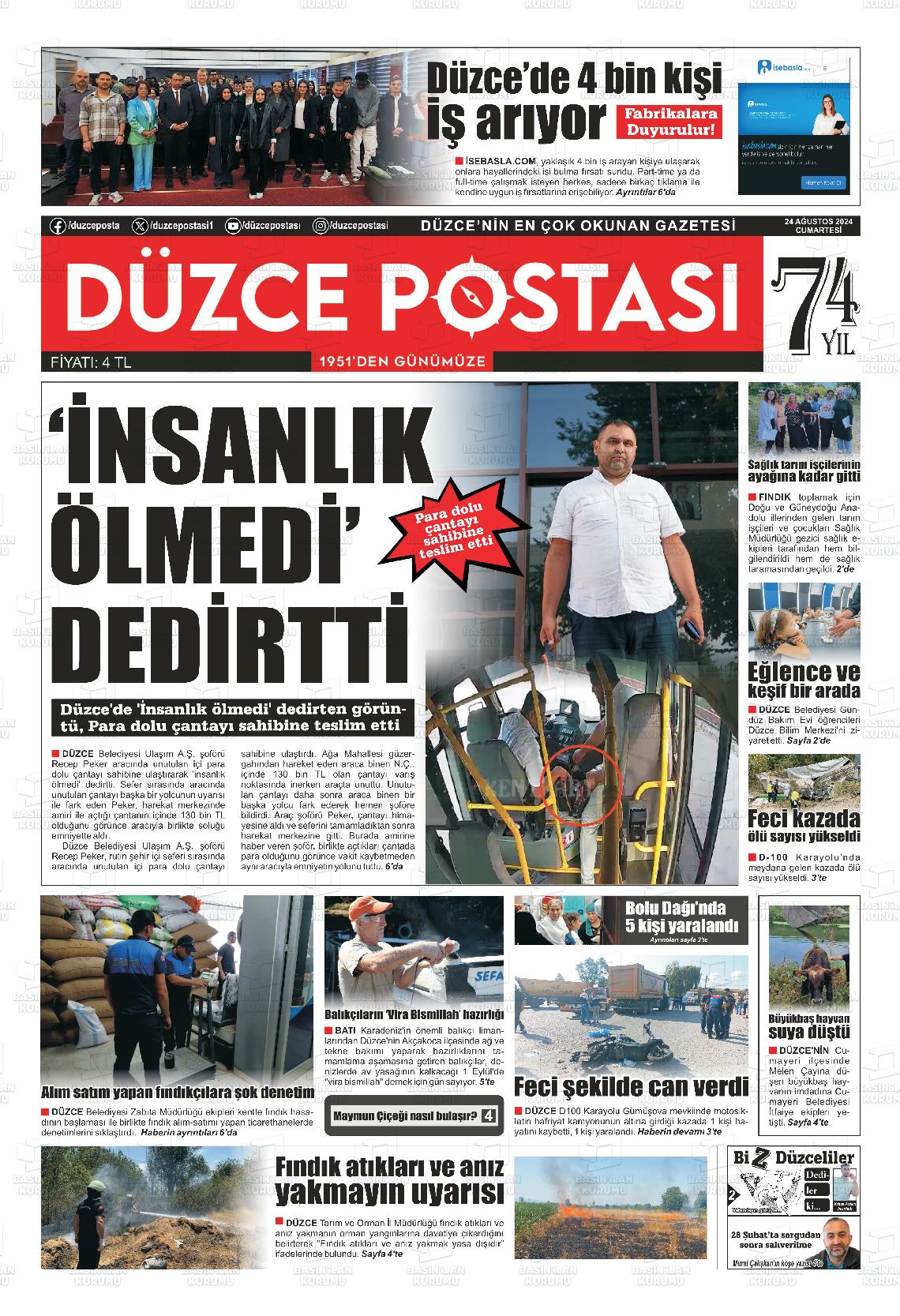 24 Ağustos 2024 Düzce Postası Gazete Manşeti