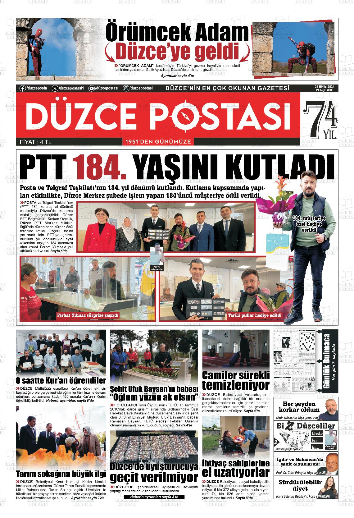 24 Ekim 2024 Düzce Postası Gazete Manşeti