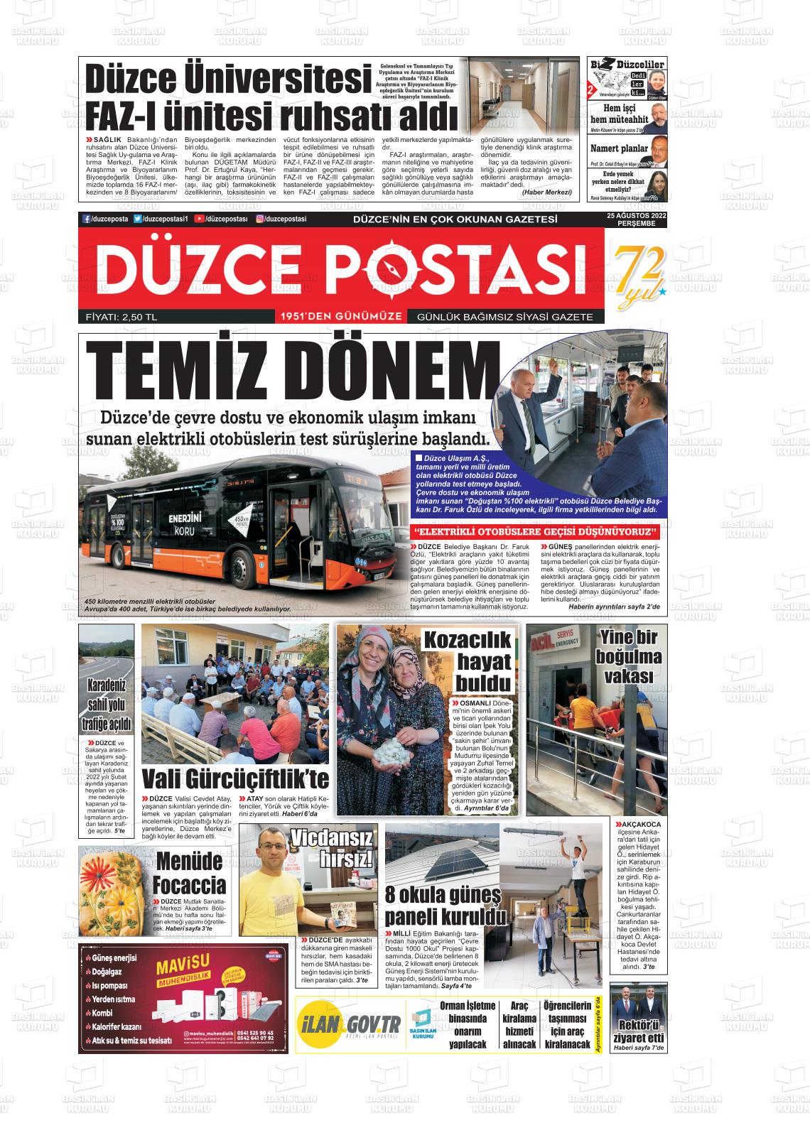 23 Ekim 2022 Düzce Postası Gazete Manşeti