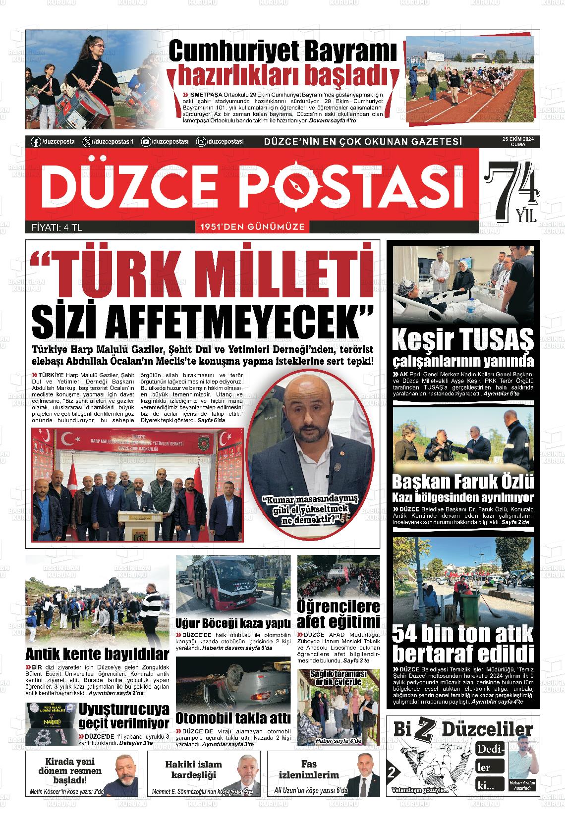 25 Ekim 2024 Düzce Postası Gazete Manşeti