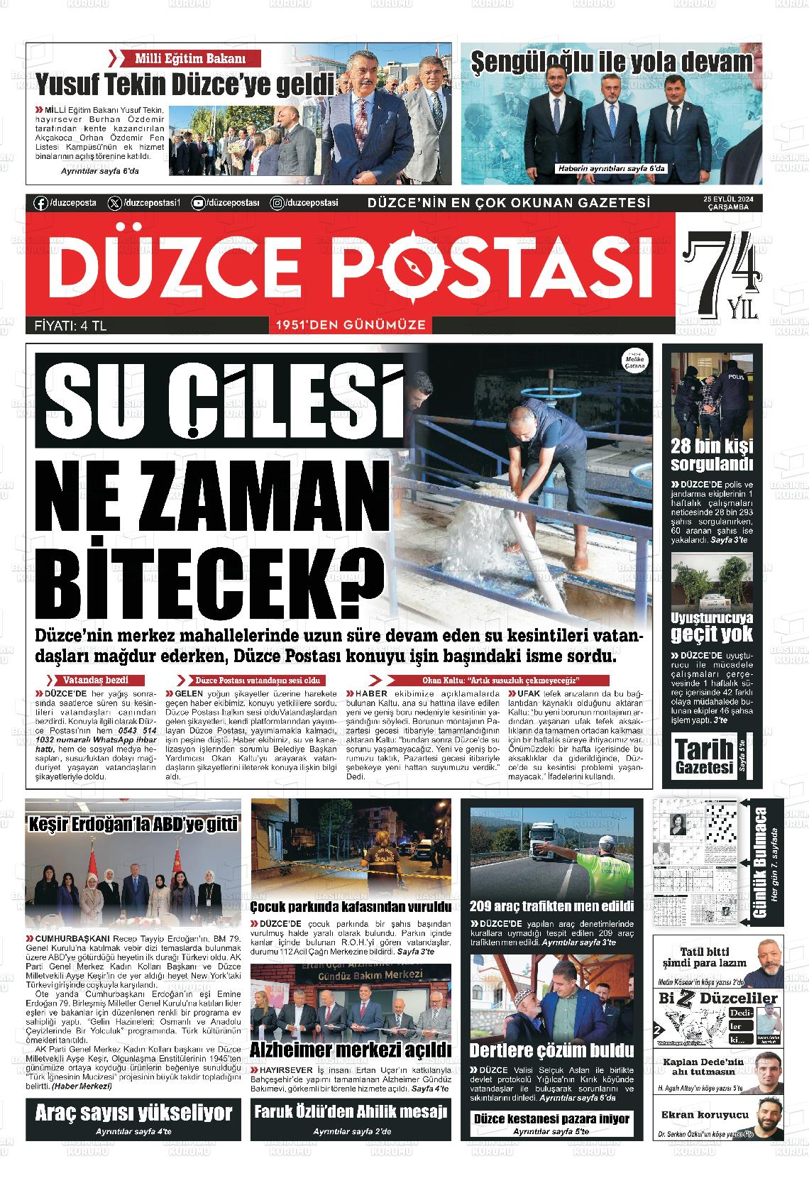 25 Eylül 2024 Düzce Postası Gazete Manşeti