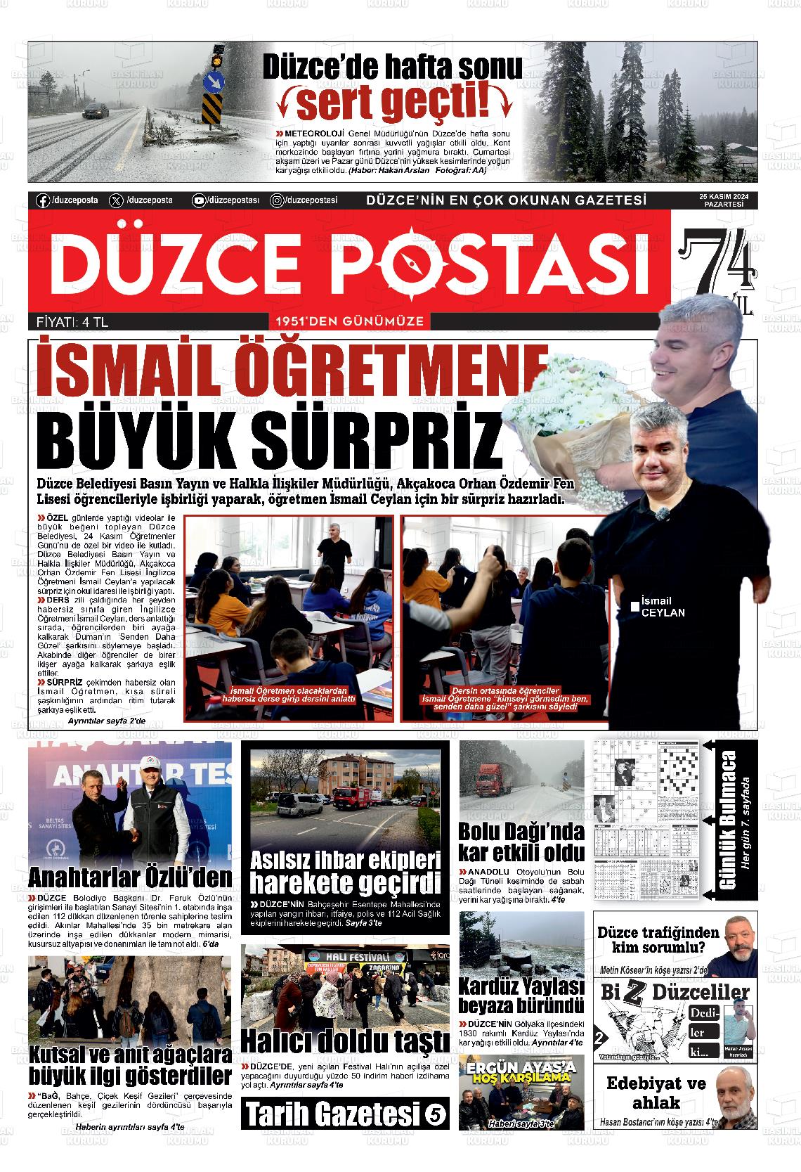 25 Kasım 2024 Düzce Postası Gazete Manşeti