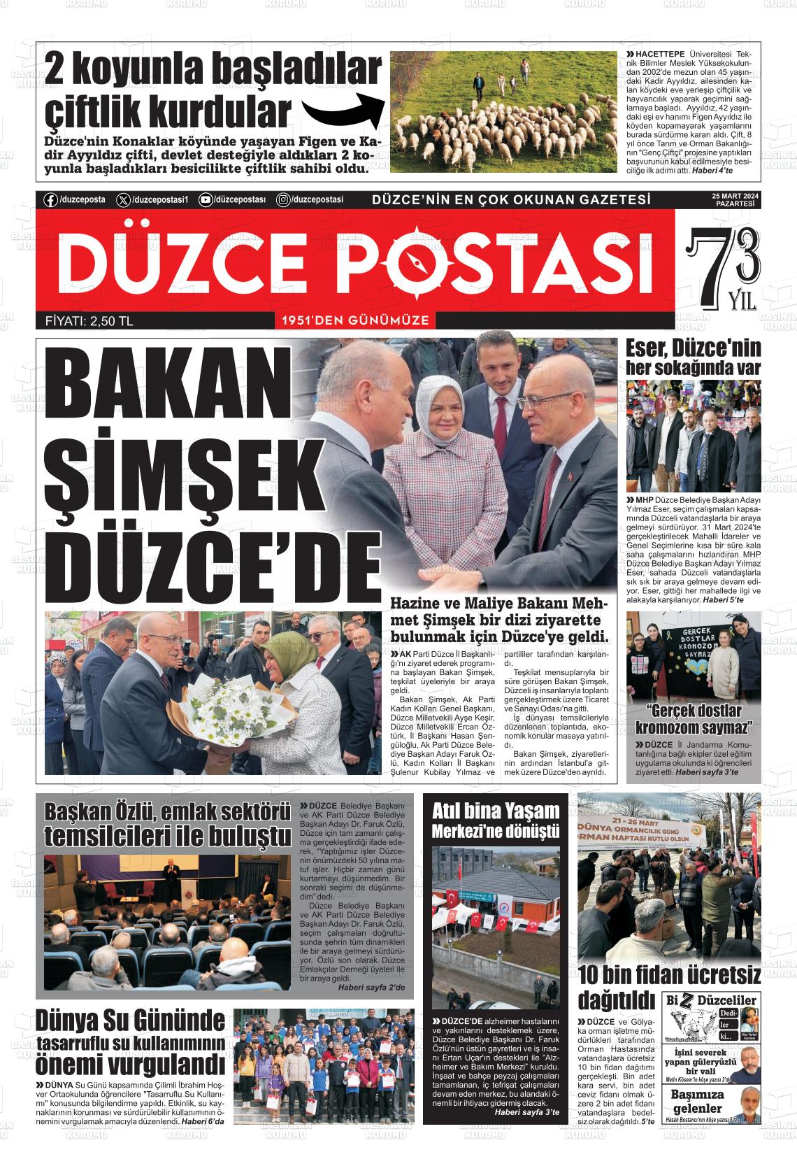 25 Mart 2024 Düzce Postası Gazete Manşeti