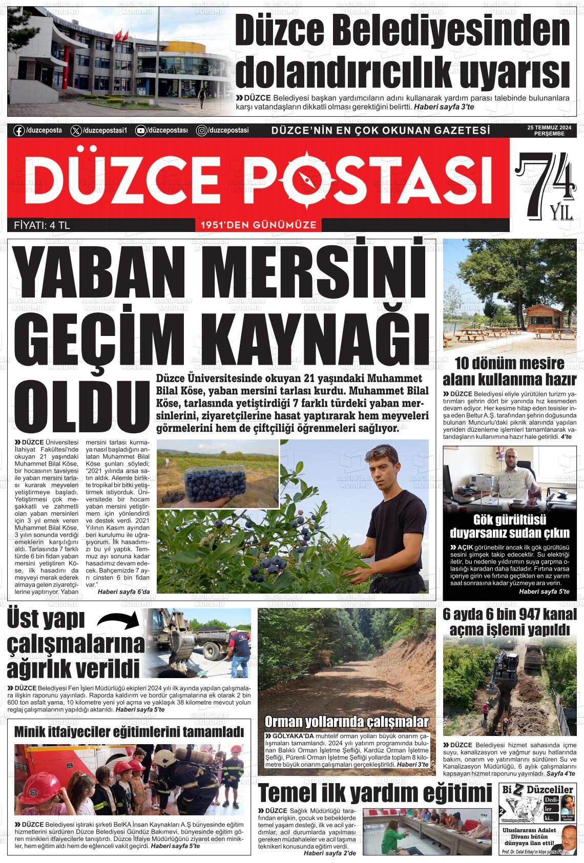 25 Temmuz 2024 Düzce Postası Gazete Manşeti