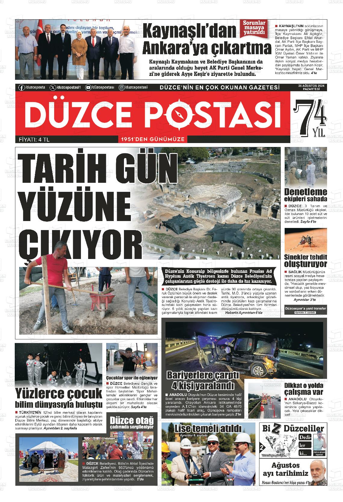 26 Ağustos 2024 Düzce Postası Gazete Manşeti