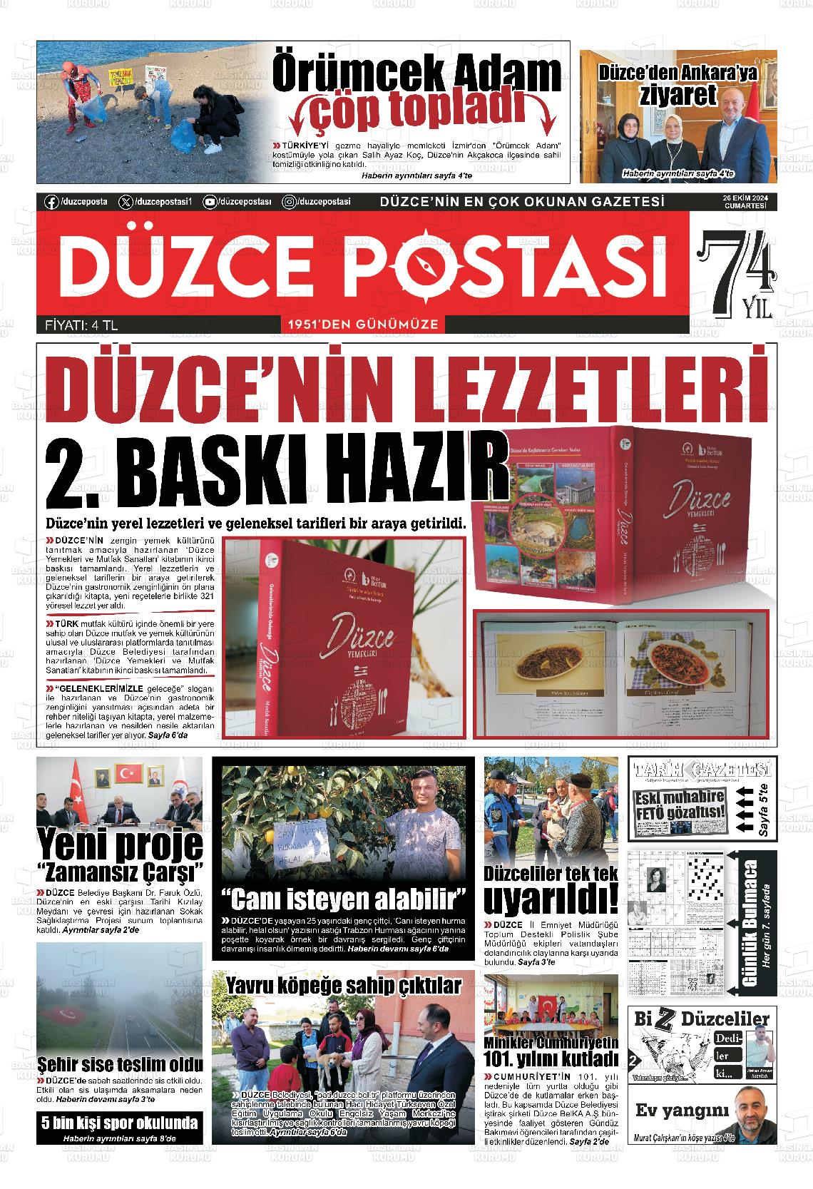 26 Ekim 2024 Düzce Postası Gazete Manşeti