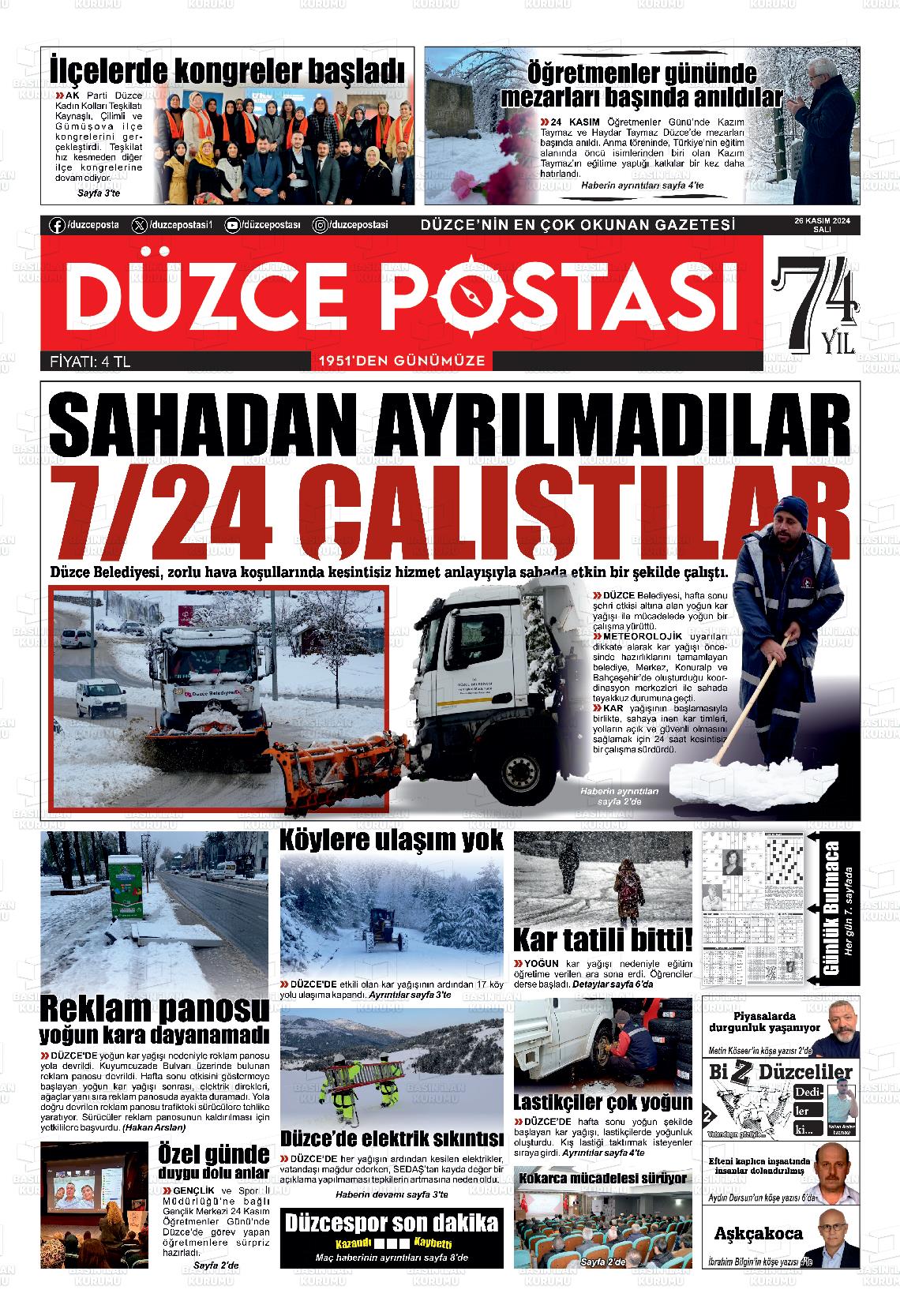 26 Kasım 2024 Düzce Postası Gazete Manşeti