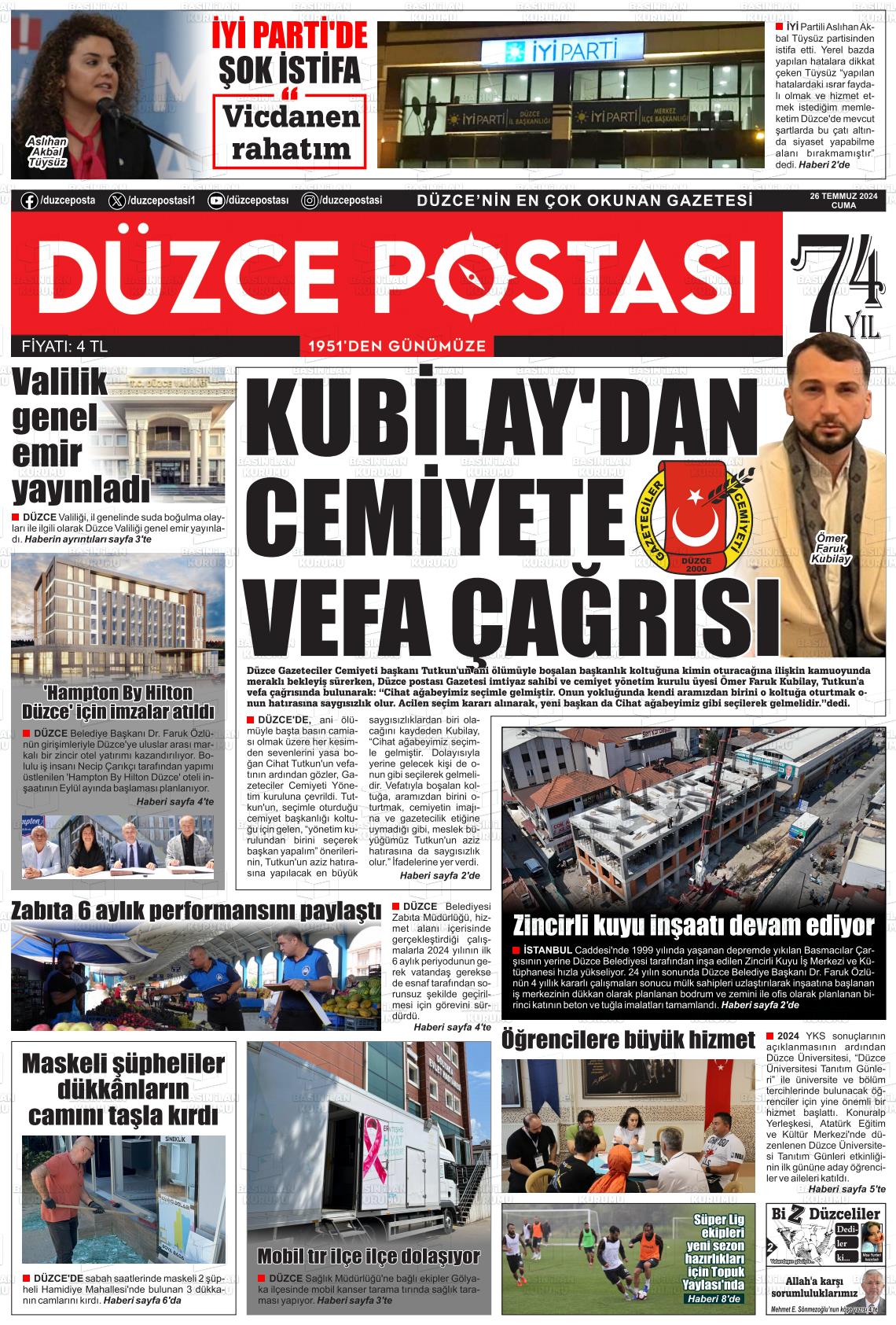 26 Temmuz 2024 Düzce Postası Gazete Manşeti