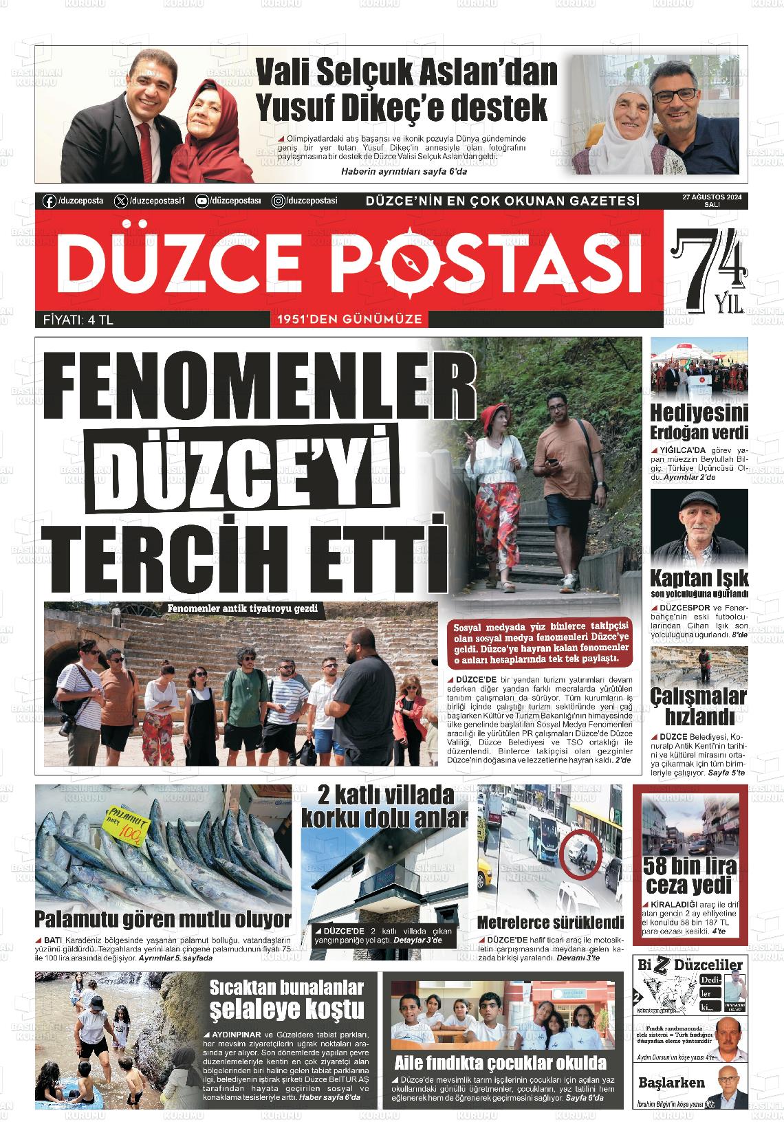 27 Ağustos 2024 Düzce Postası Gazete Manşeti