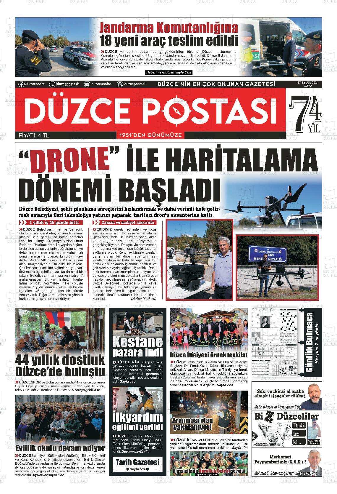 27 Eylül 2024 Düzce Postası Gazete Manşeti