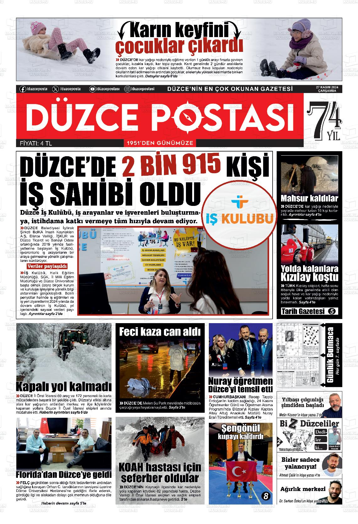 27 Kasım 2024 Düzce Postası Gazete Manşeti