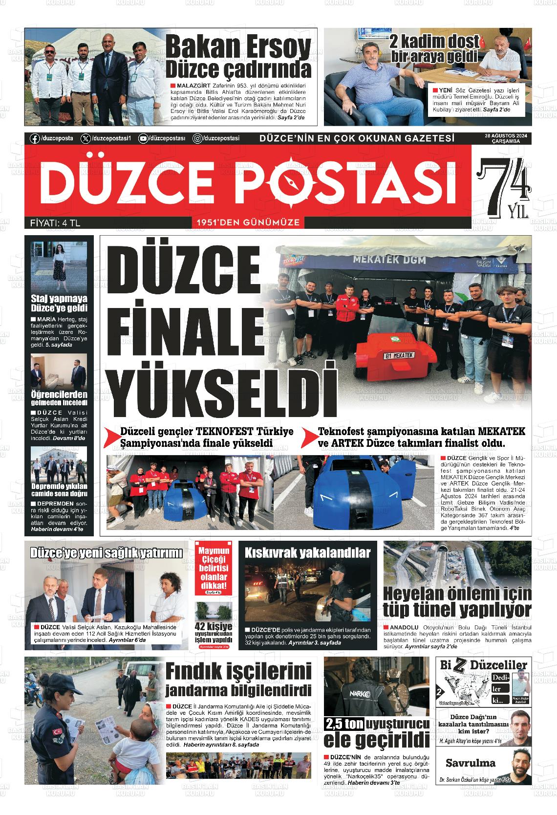 28 Ağustos 2024 Düzce Postası Gazete Manşeti