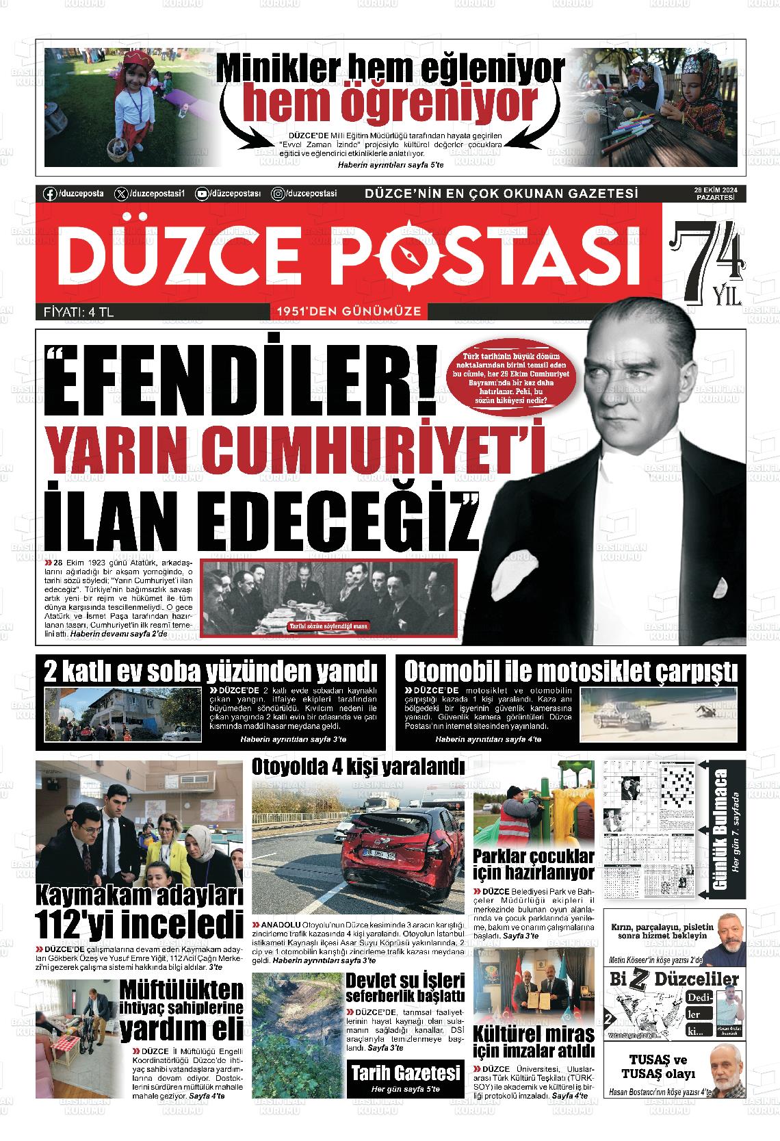 28 Ekim 2024 Düzce Postası Gazete Manşeti