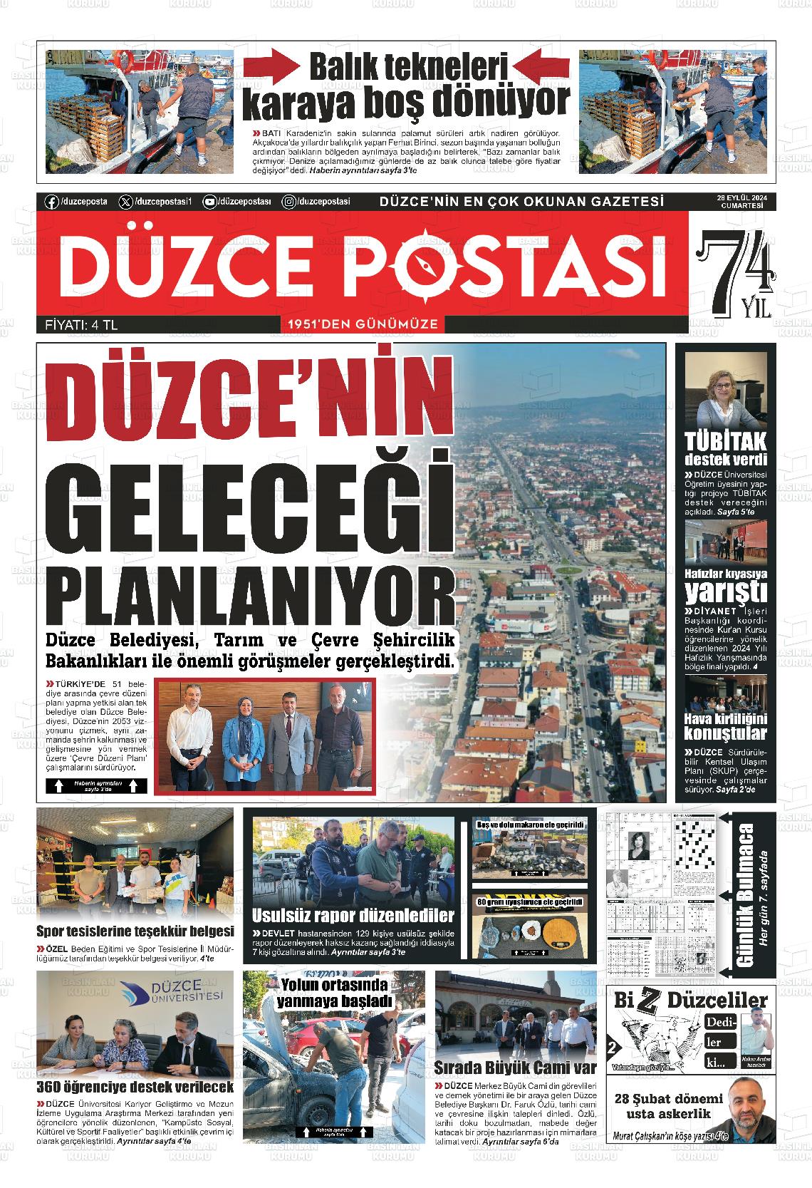 28 Eylül 2024 Düzce Postası Gazete Manşeti