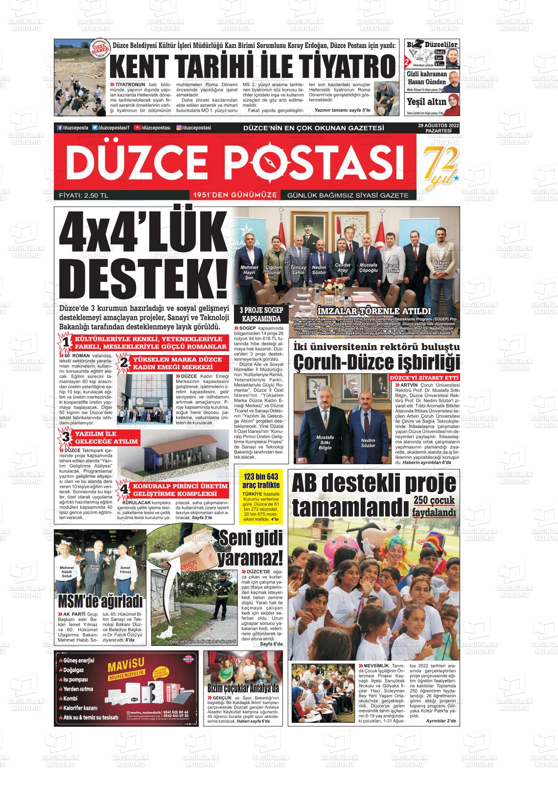 29 Ağustos 2022 Düzce Postası Gazete Manşeti