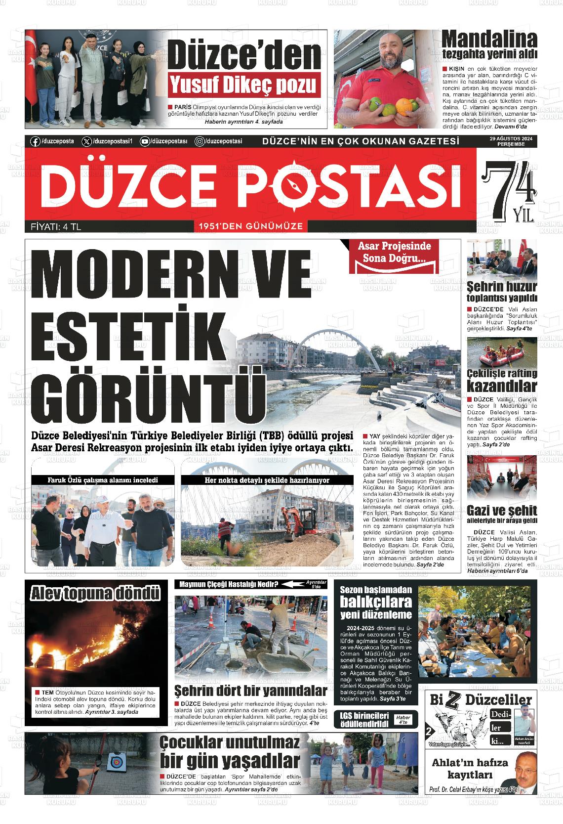 29 Ağustos 2024 Düzce Postası Gazete Manşeti