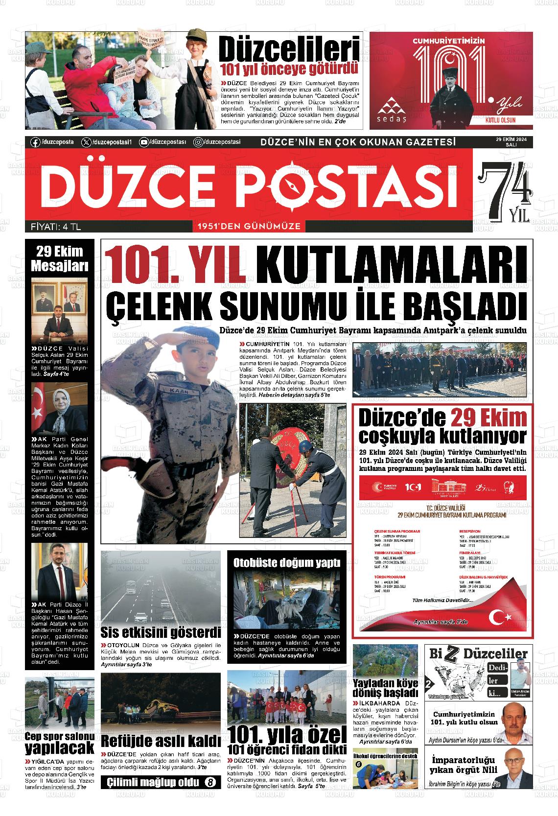 29 Ekim 2024 Düzce Postası Gazete Manşeti