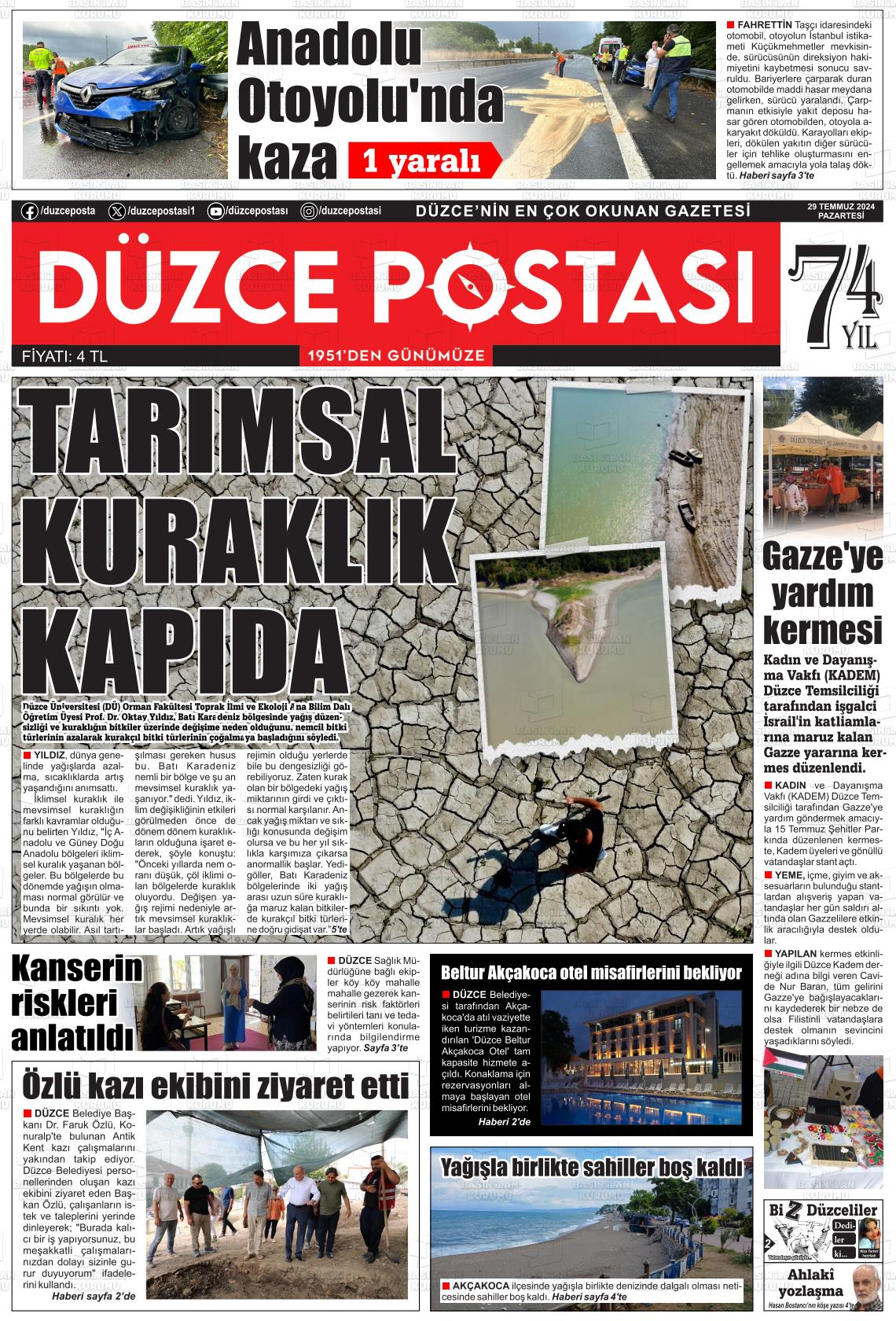 29 Temmuz 2024 Düzce Postası Gazete Manşeti