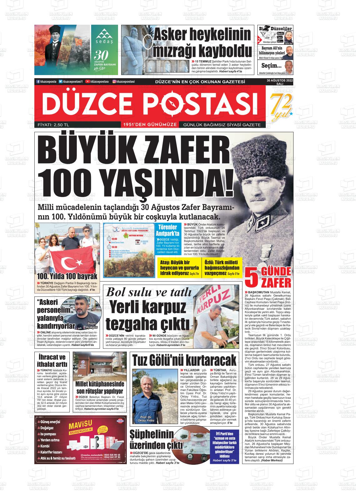 30 Ağustos 2022 Düzce Postası Gazete Manşeti