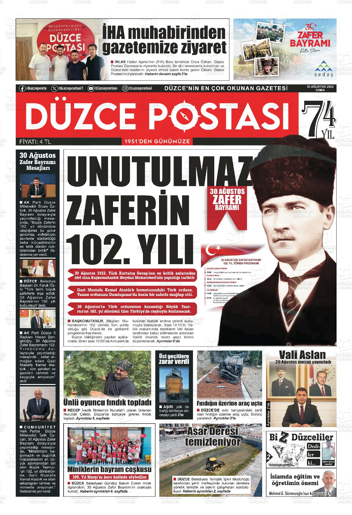 30 Ağustos 2024 Düzce Postası Gazete Manşeti