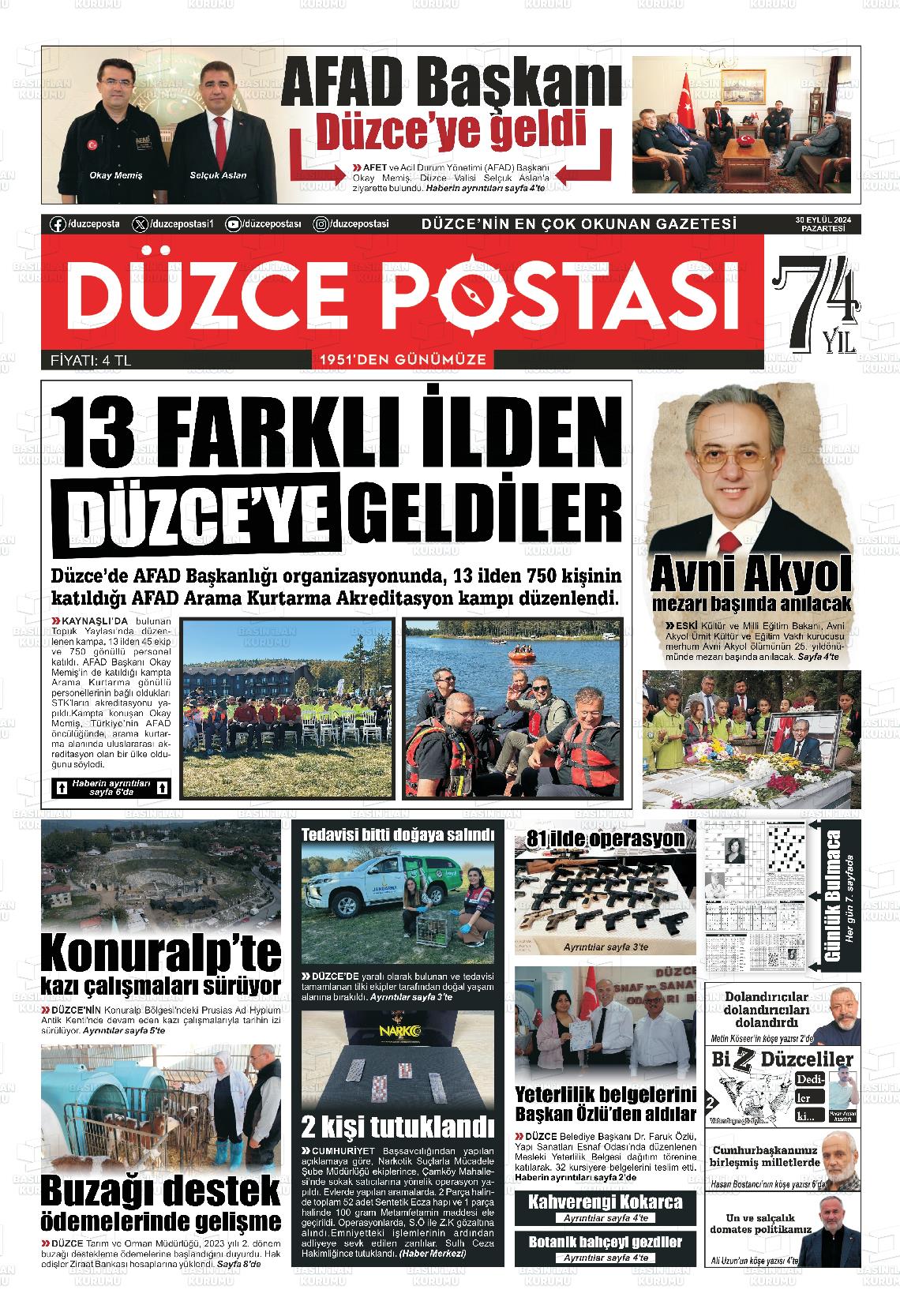 30 Eylül 2024 Düzce Postası Gazete Manşeti