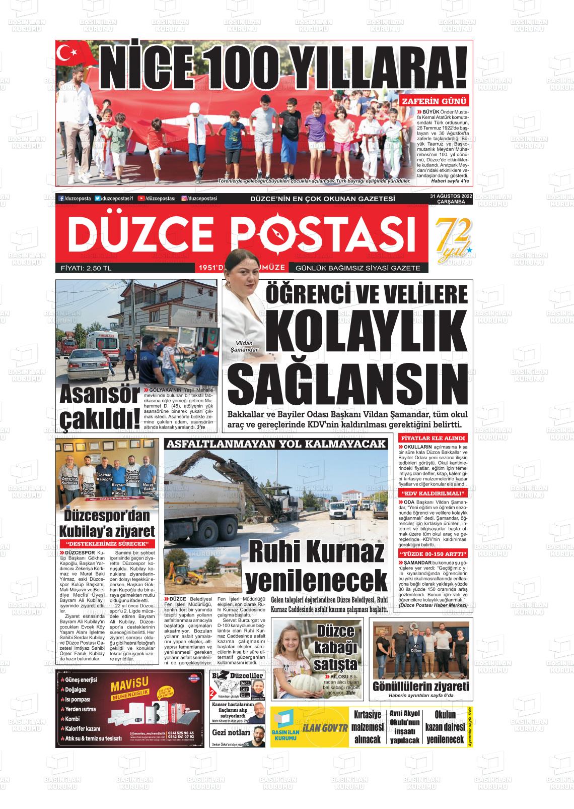 29 Ekim 2022 Düzce Postası Gazete Manşeti