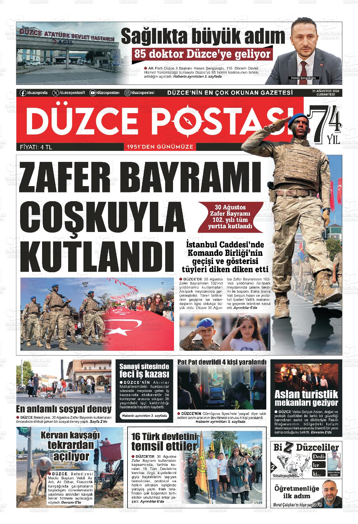 31 Ağustos 2024 Düzce Postası Gazete Manşeti