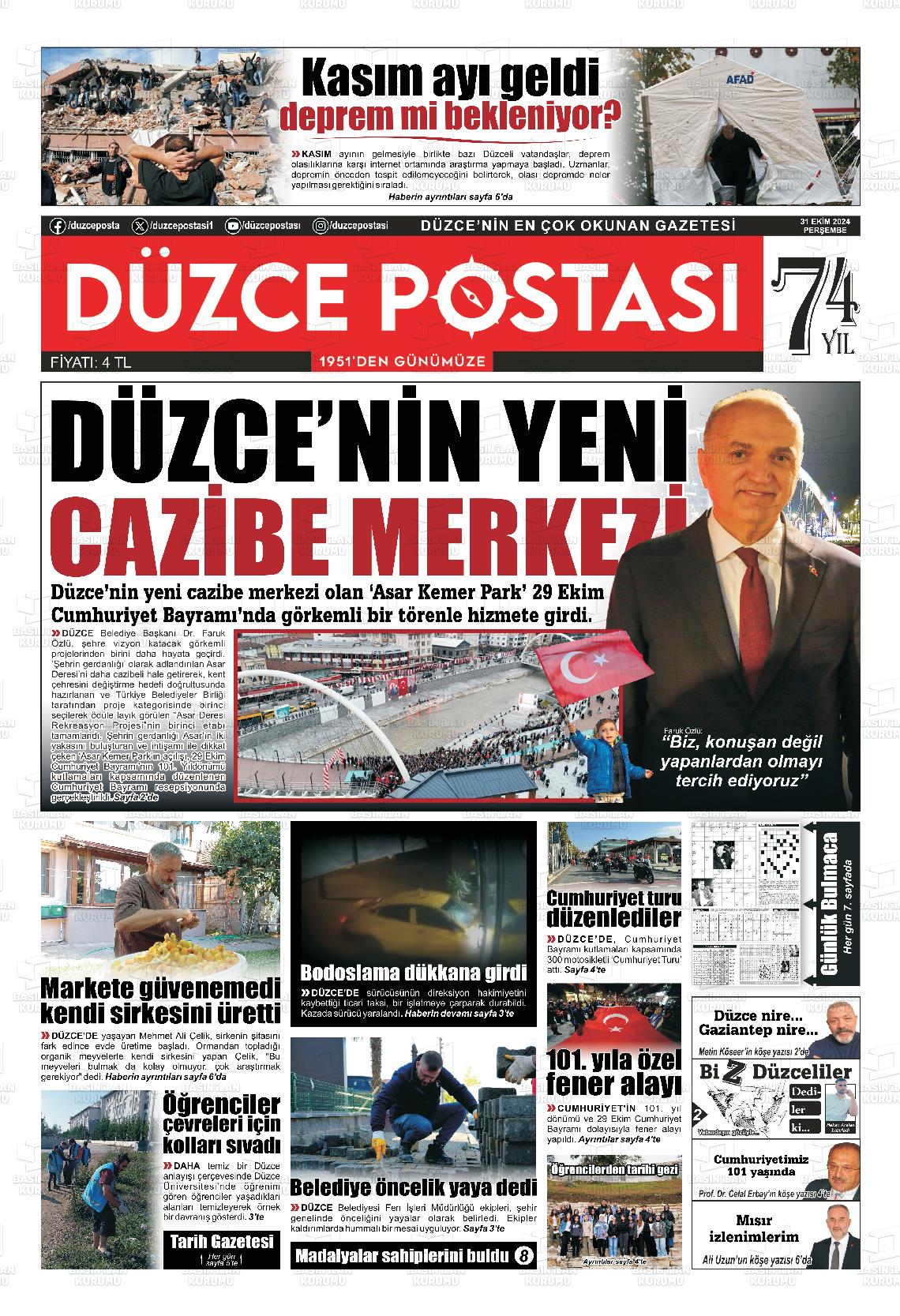 31 Ekim 2024 Düzce Postası Gazete Manşeti