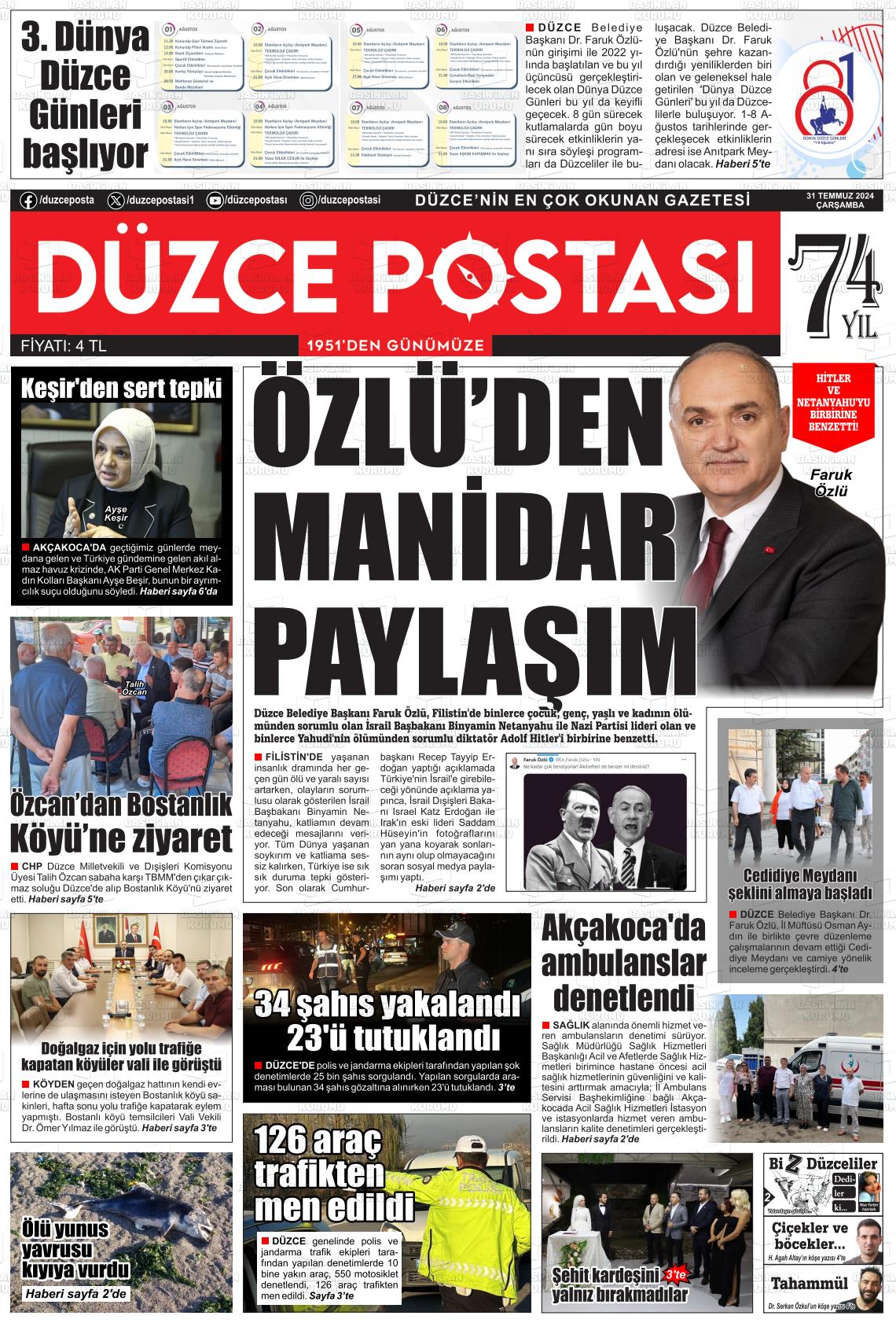 31 Temmuz 2024 Düzce Postası Gazete Manşeti