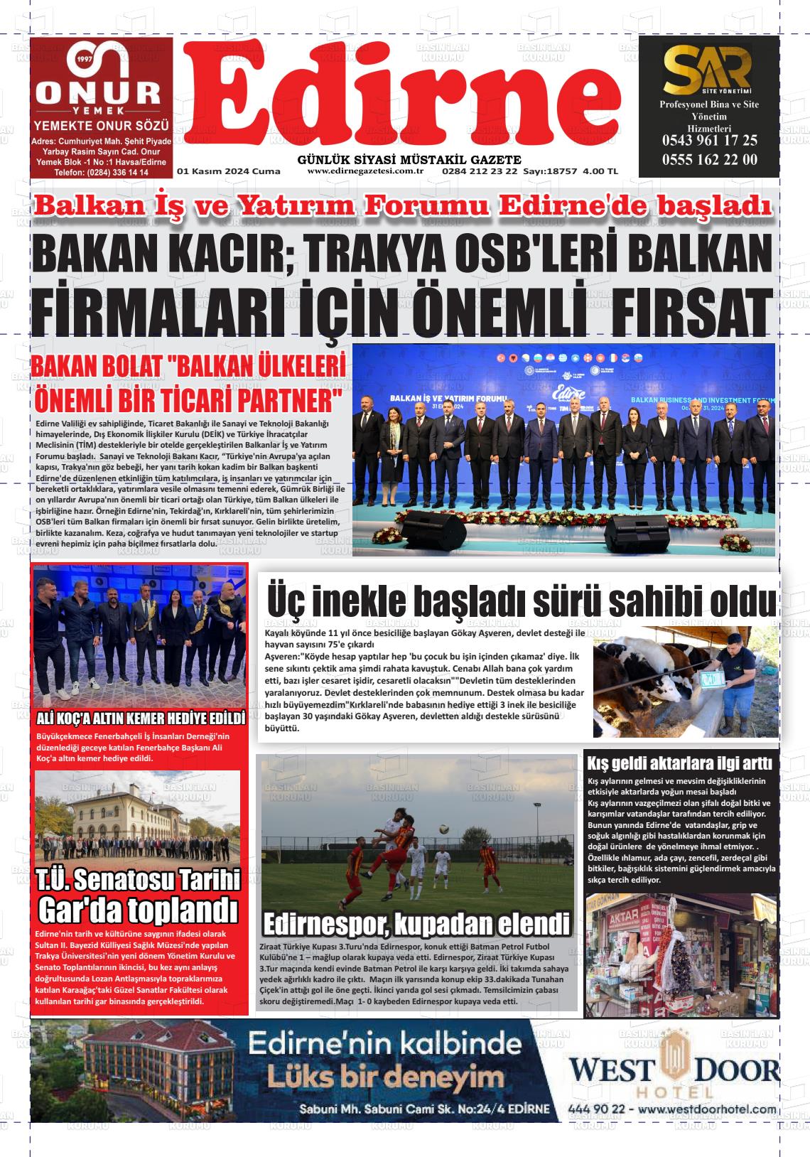 01 Kasım 2024 Edirne Gazete Manşeti