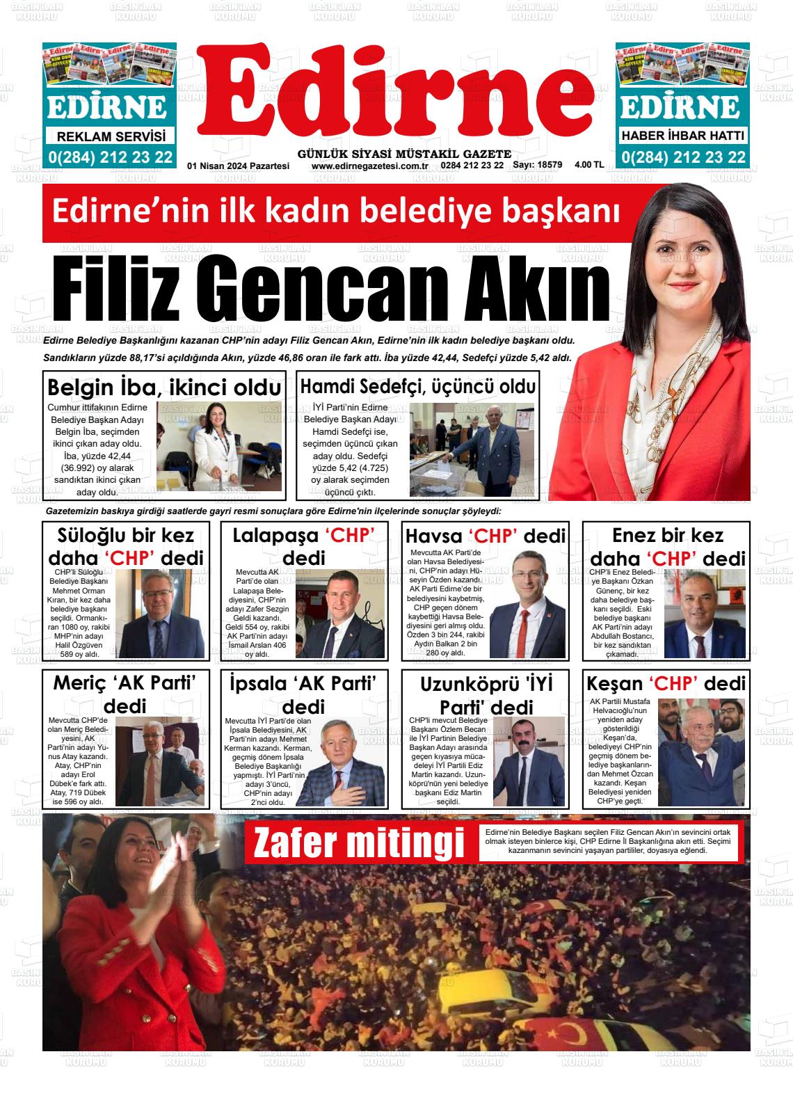 01 Nisan 2024 Edirne Gazete Manşeti