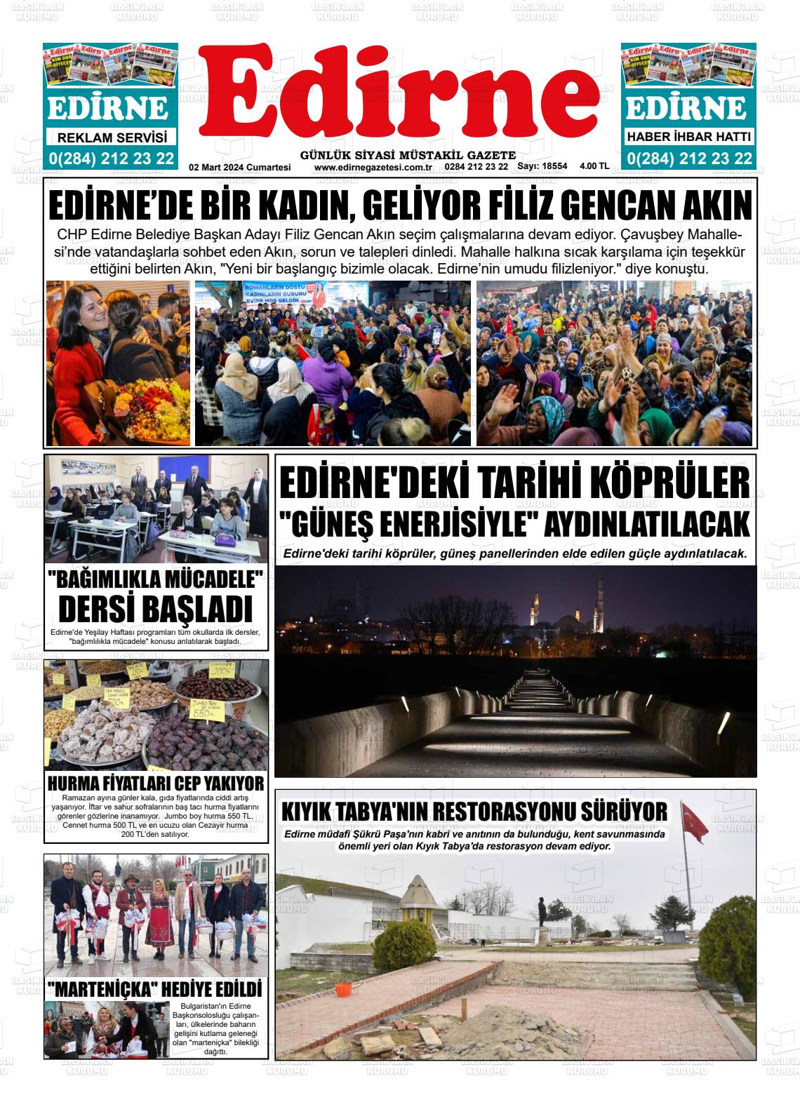 02 Mart 2024 Edirne Gazete Manşeti