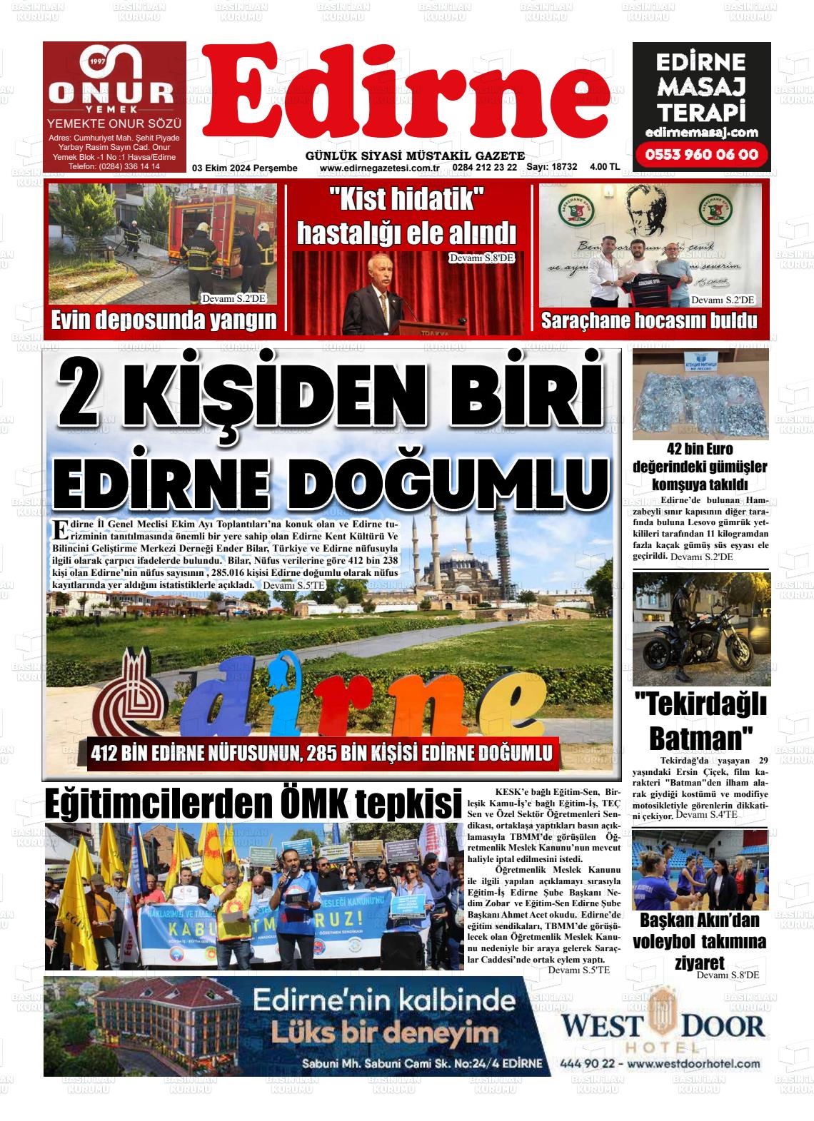 03 Ekim 2024 Edirne Gazete Manşeti