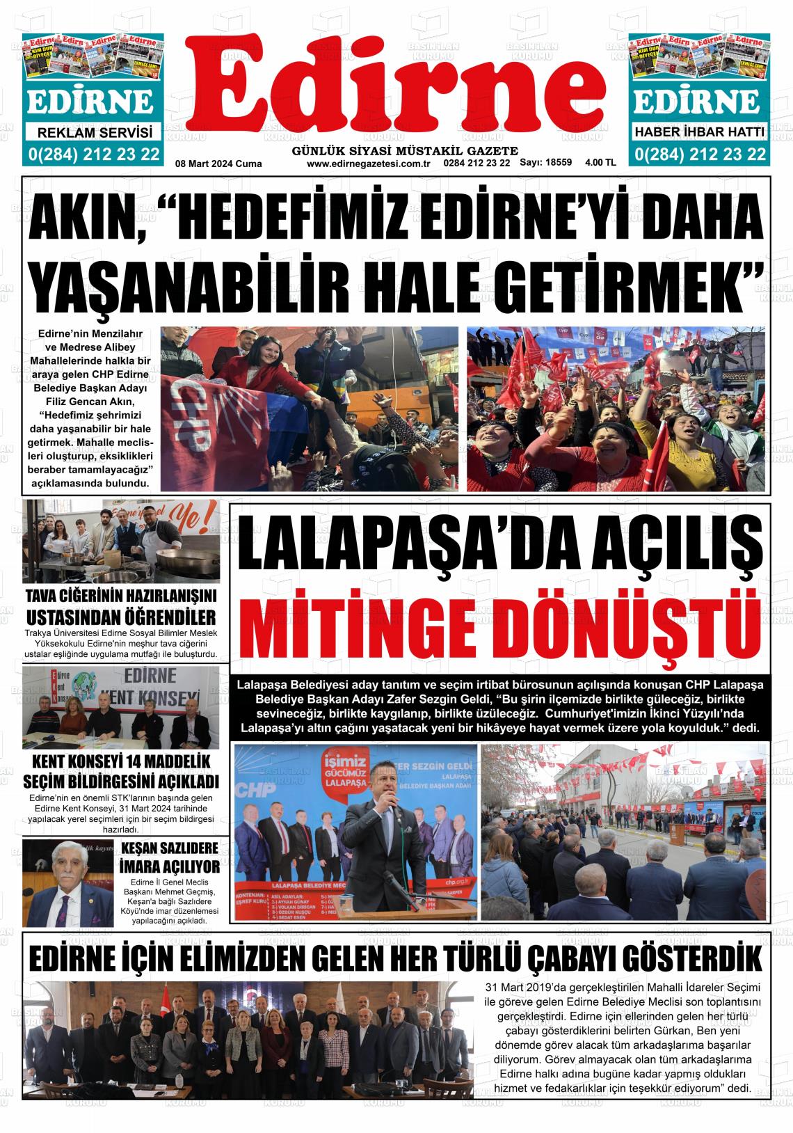 08 Mart 2024 Edirne Gazete Manşeti