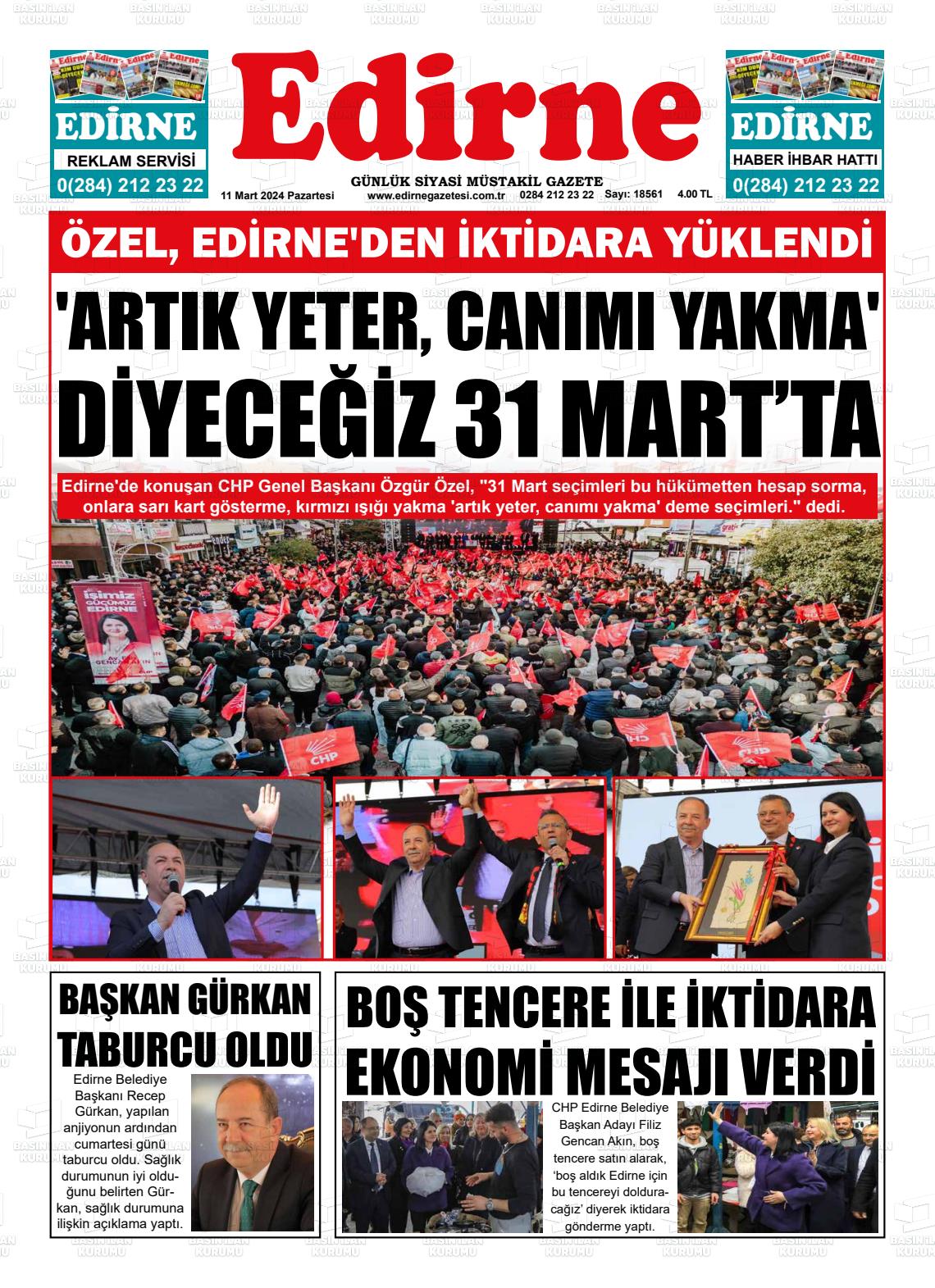 11 Mart 2024 Edirne Gazete Manşeti