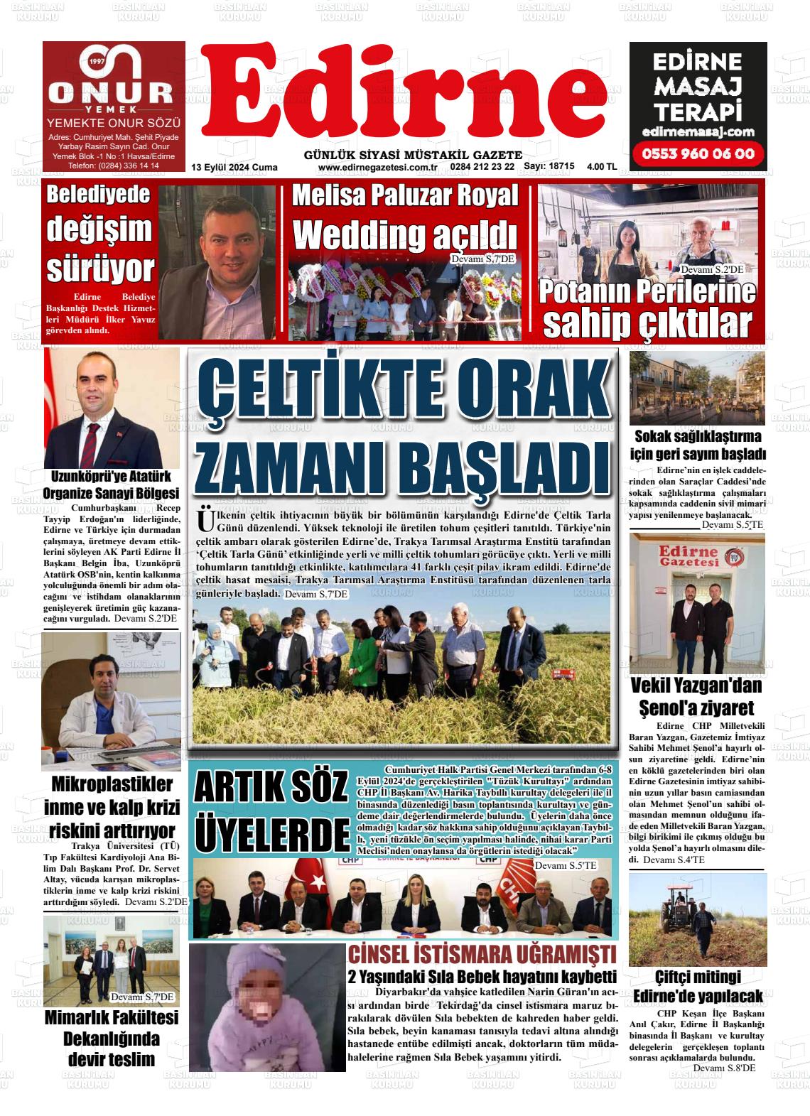 13 Eylül 2024 Edirne Gazete Manşeti