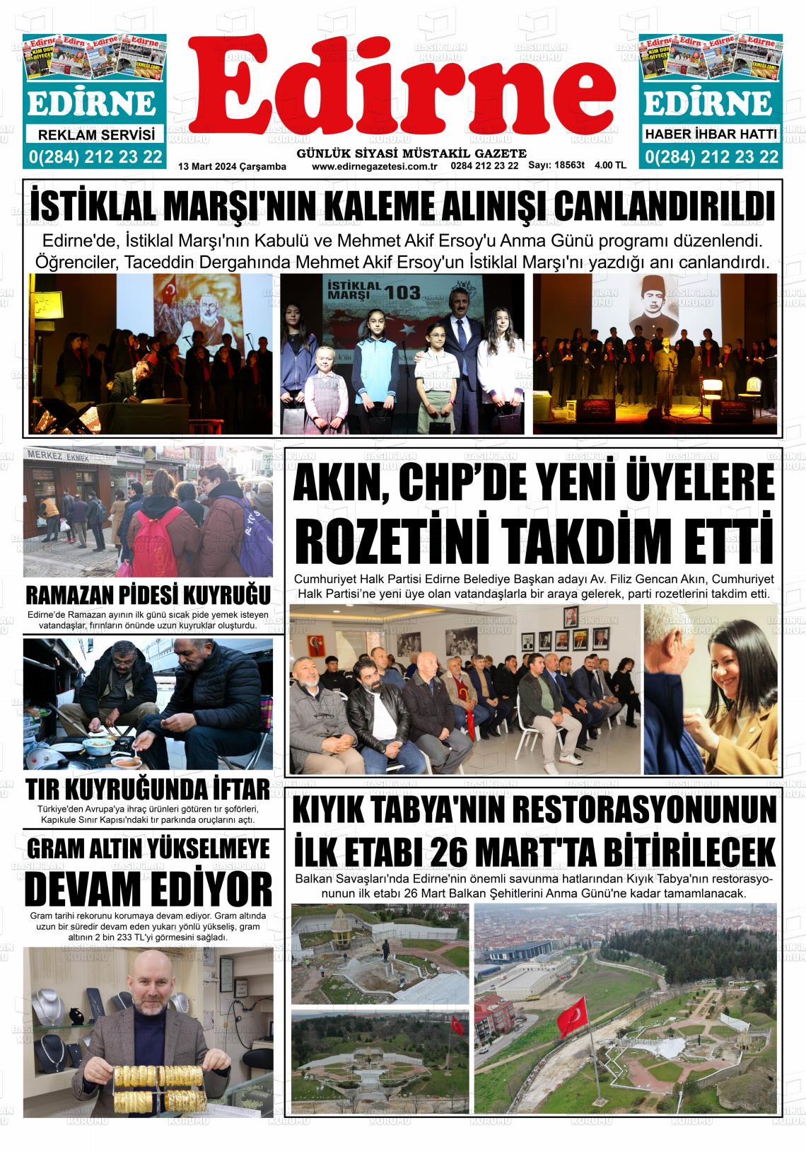 13 Mart 2024 Edirne Gazete Manşeti