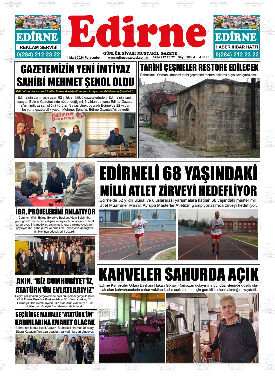 14 Mart 2024 Edirne Gazete Manşeti