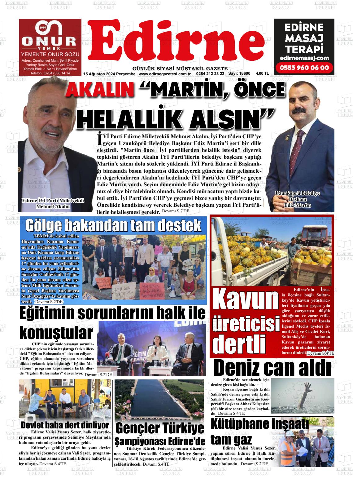 15 Ağustos 2024 Edirne Gazete Manşeti