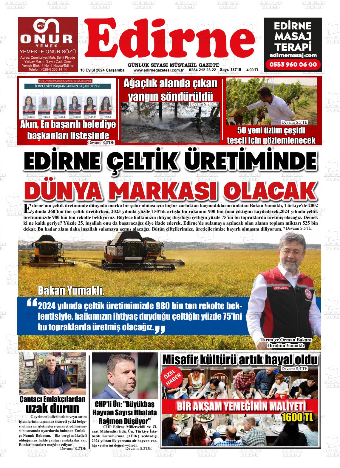 18 Eylül 2024 Edirne Gazete Manşeti