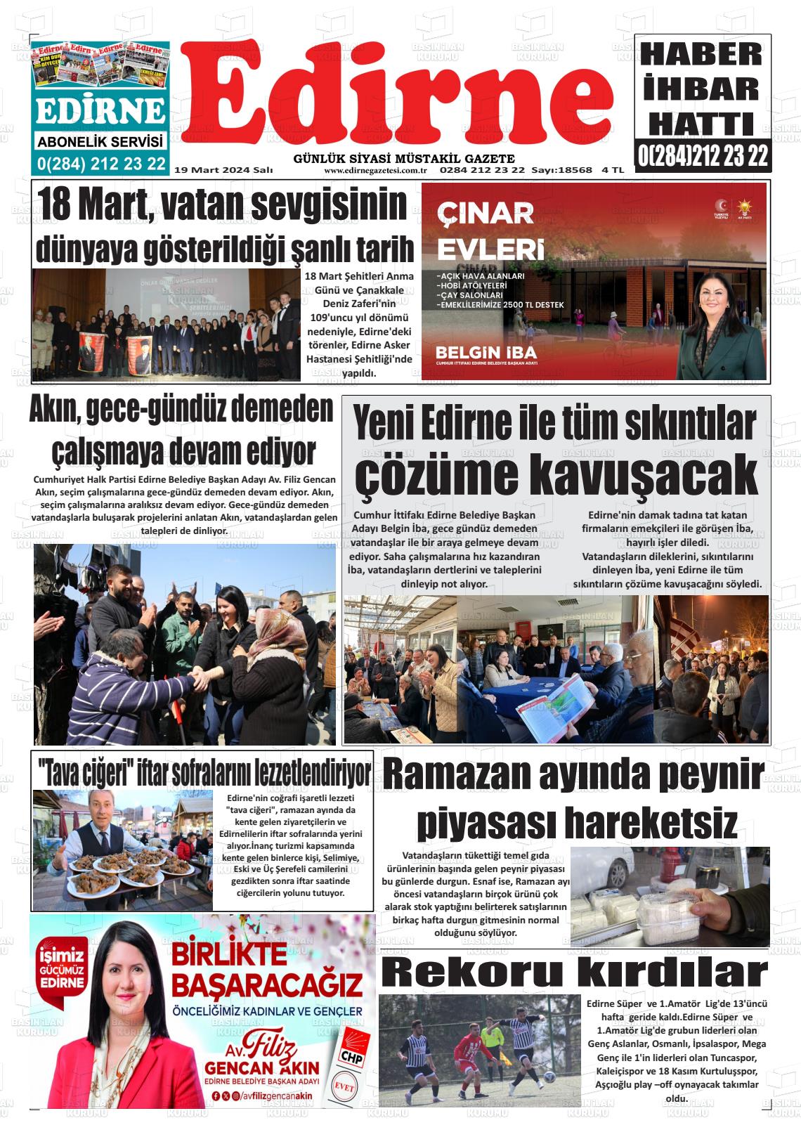 19 Mart 2024 Edirne Gazete Manşeti