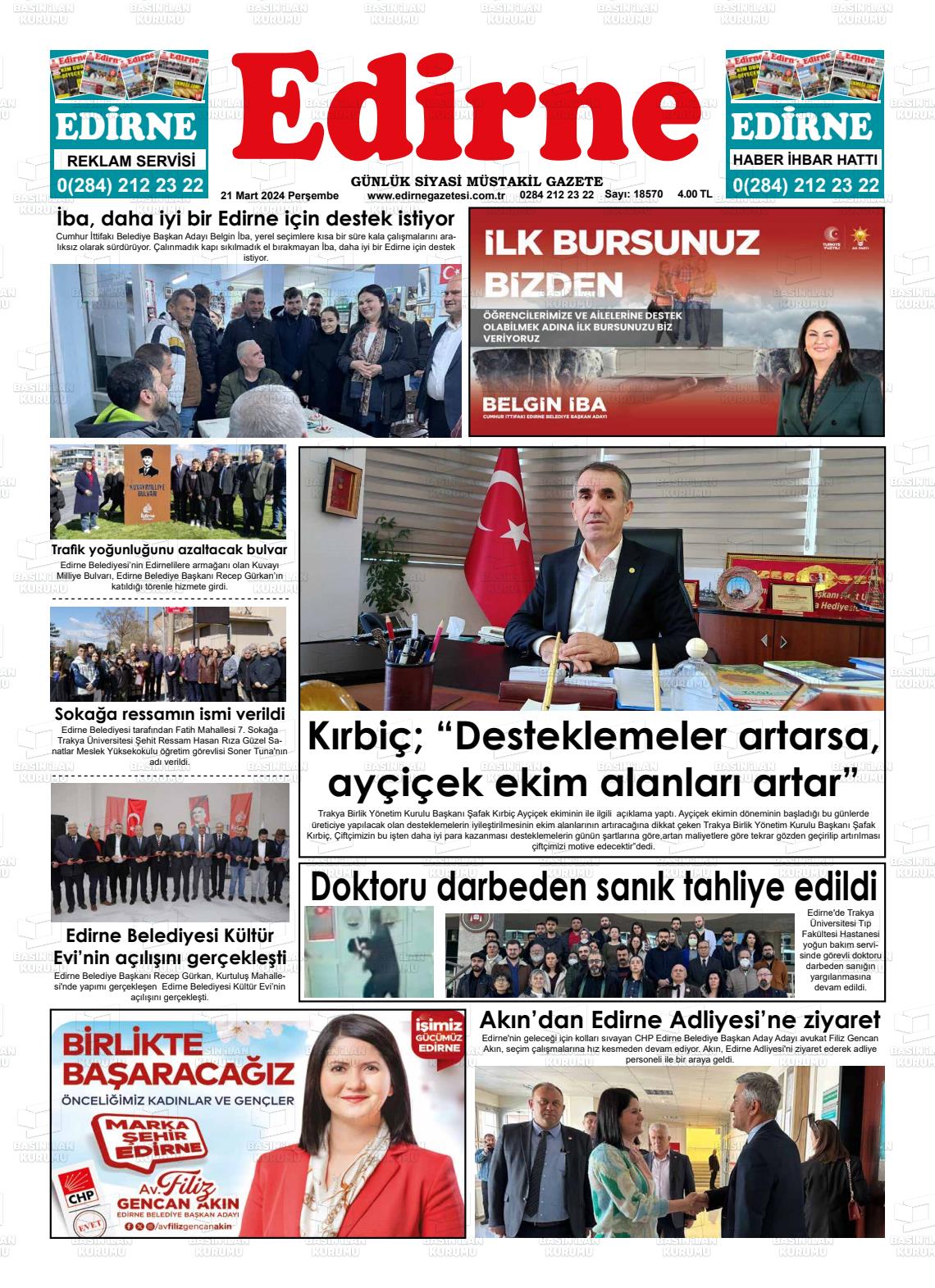 21 Mart 2024 Edirne Gazete Manşeti