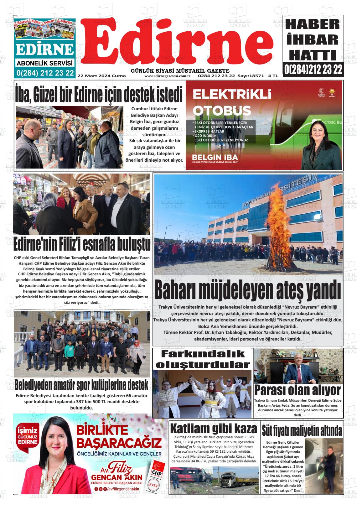 22 Mart 2024 Edirne Gazete Manşeti